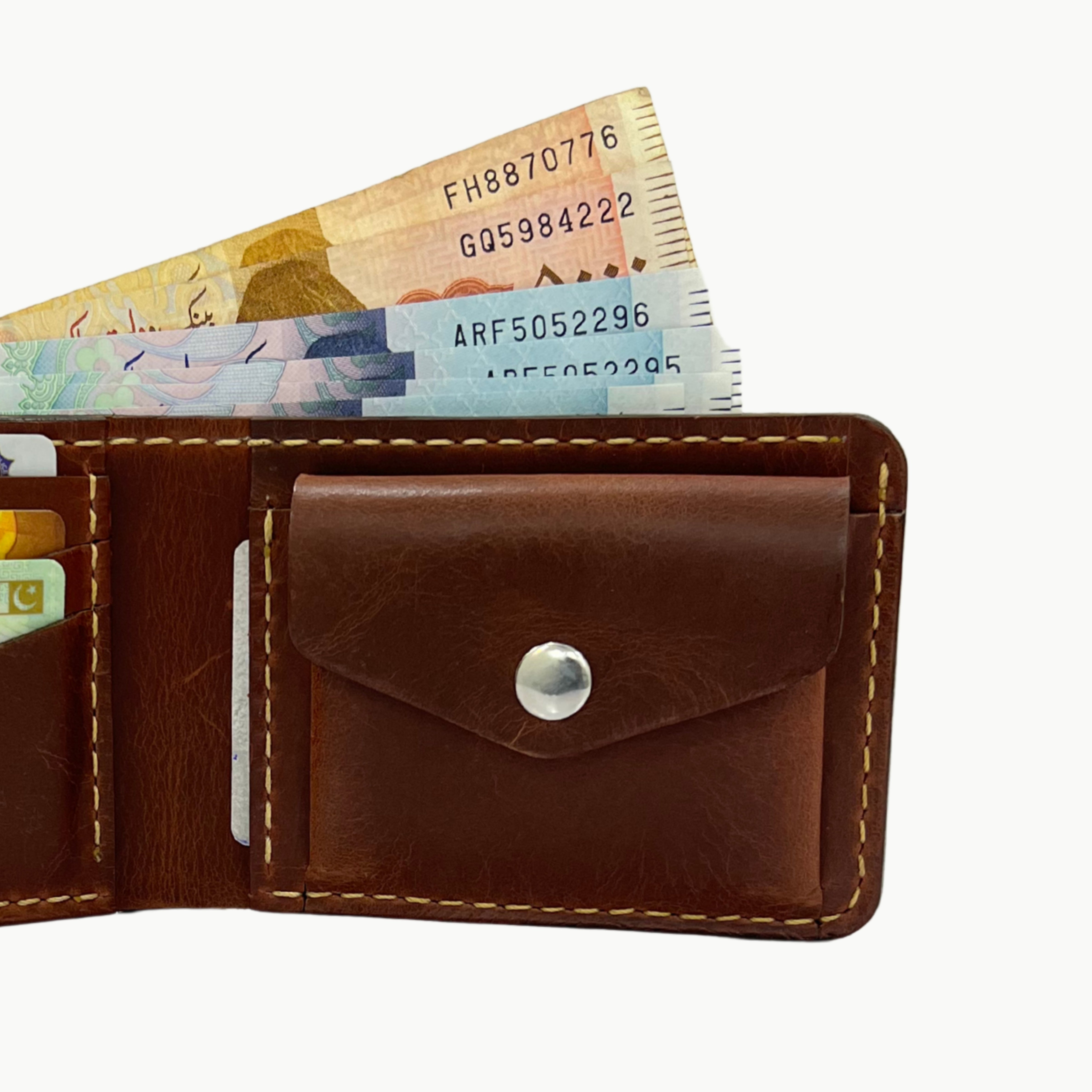 W4 Handmade Bifold Coin Leather Wallet Brown