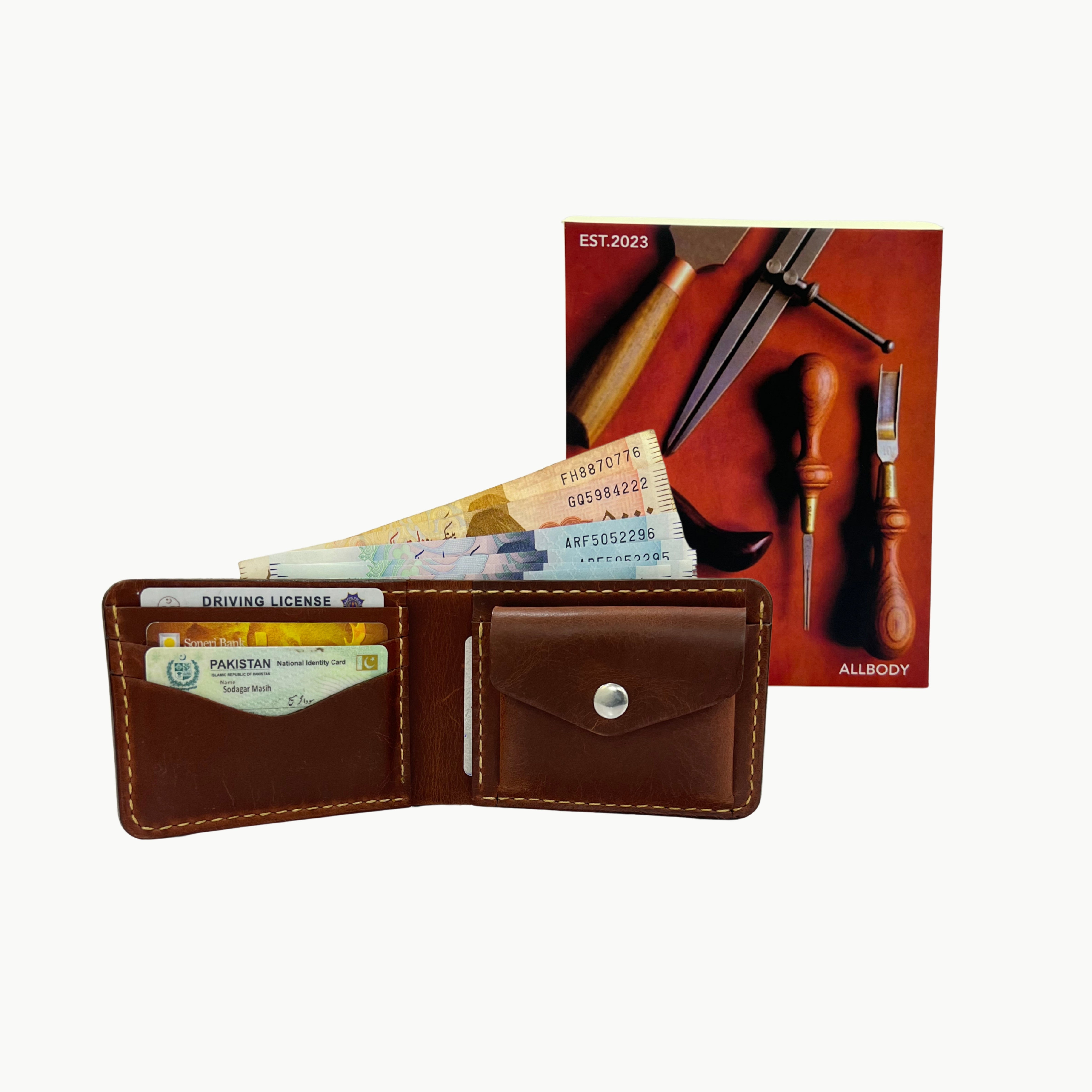 W4 Handmade Bifold Coin Leather Wallet Brown