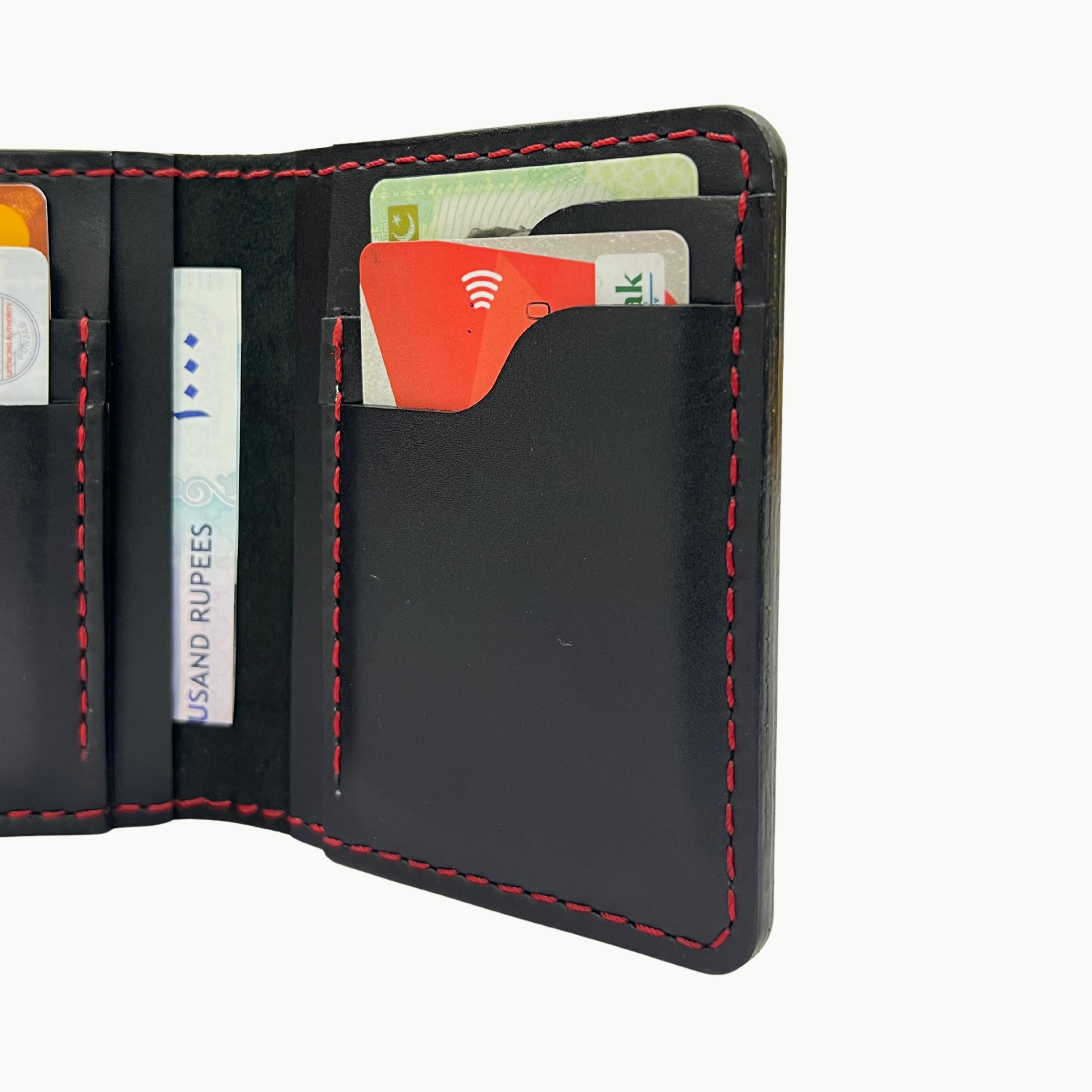 W6 Vertical Bifold Handmade Leather Wallet Black - RT