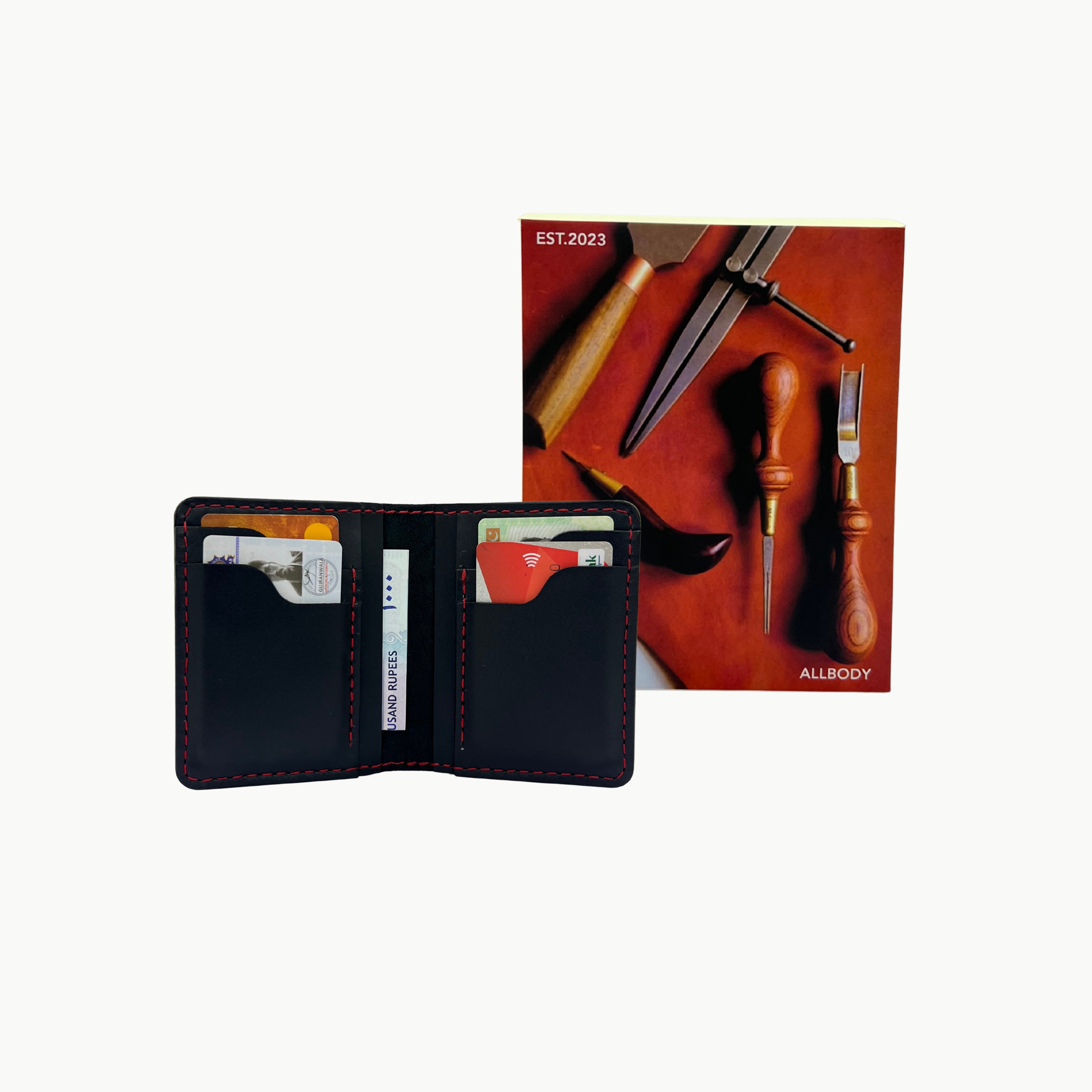 W6 Vertical Bifold Handmade Leather Wallet Black - RT