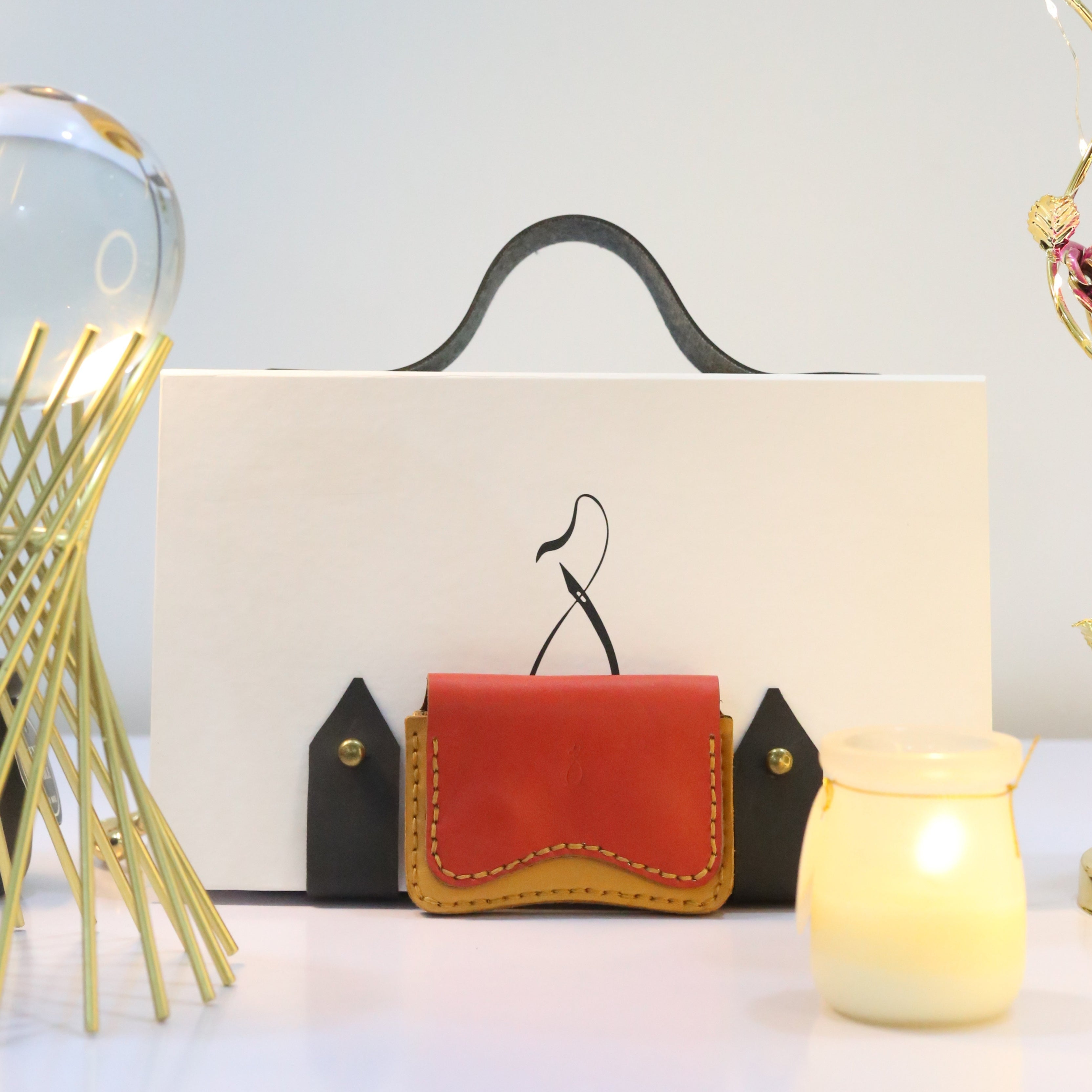 W1 Handmade Leather Card Holder Red & Mustard