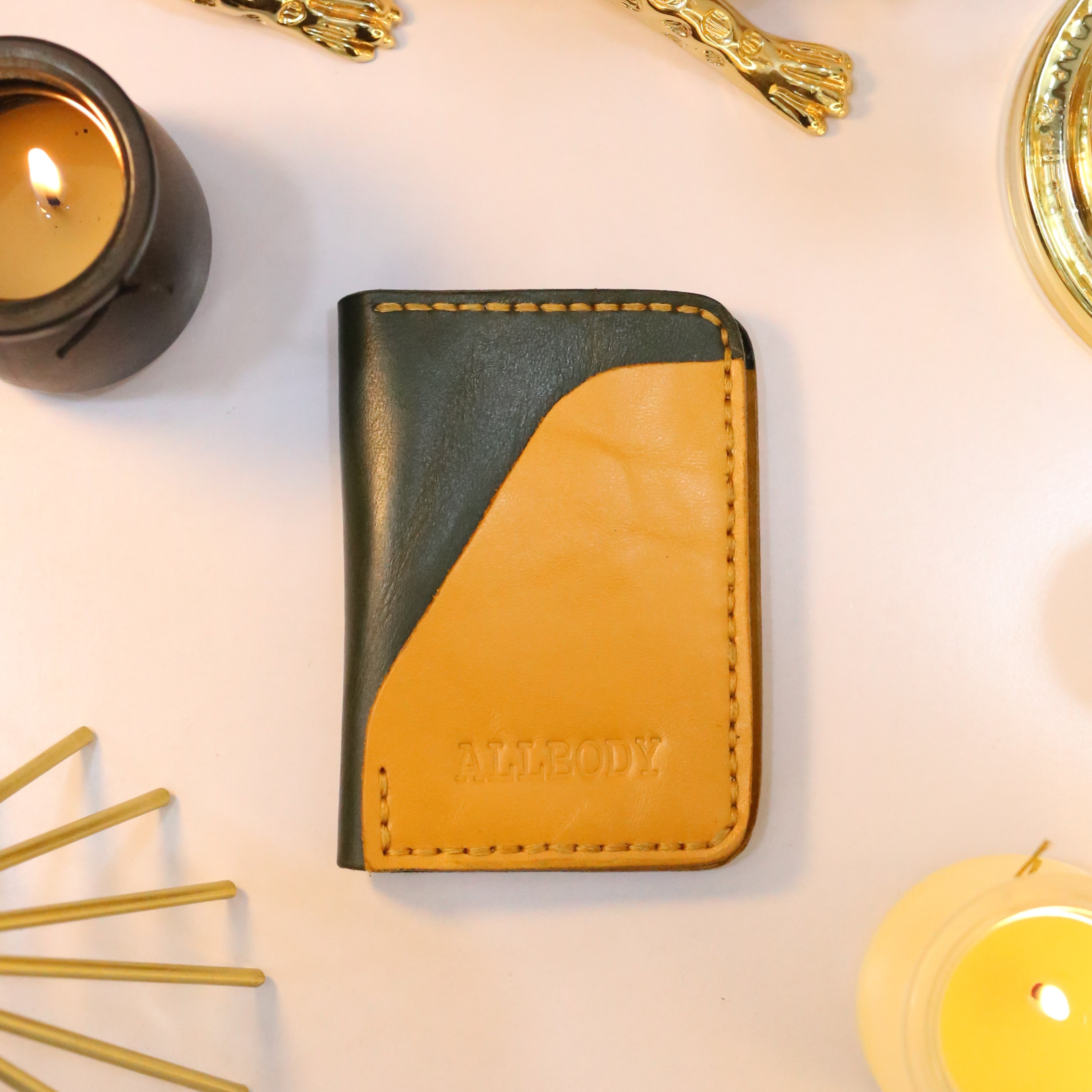 W4 Handmade Leather Wallet Stone Green & Mustard