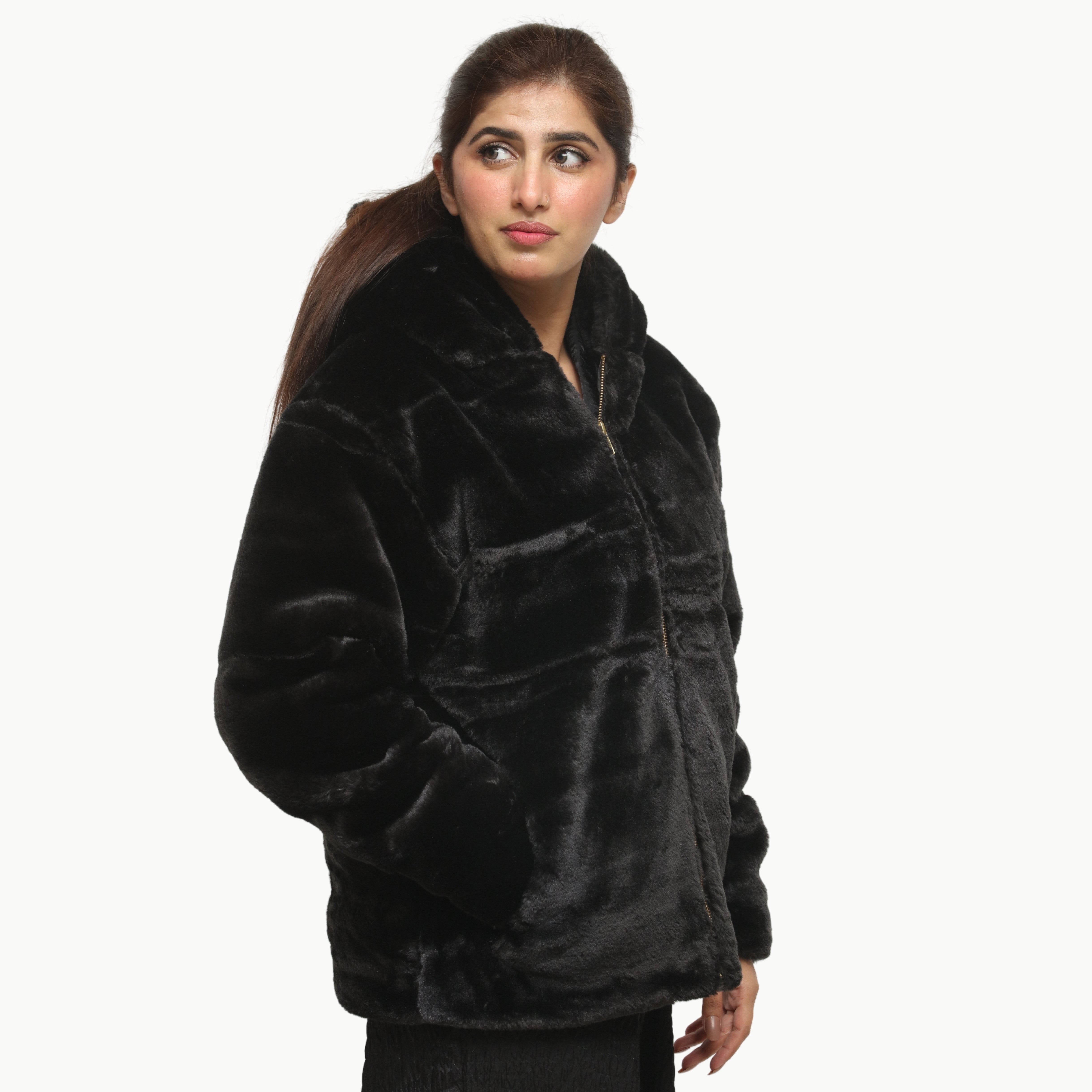 Women Black Mohair Fur Jacket