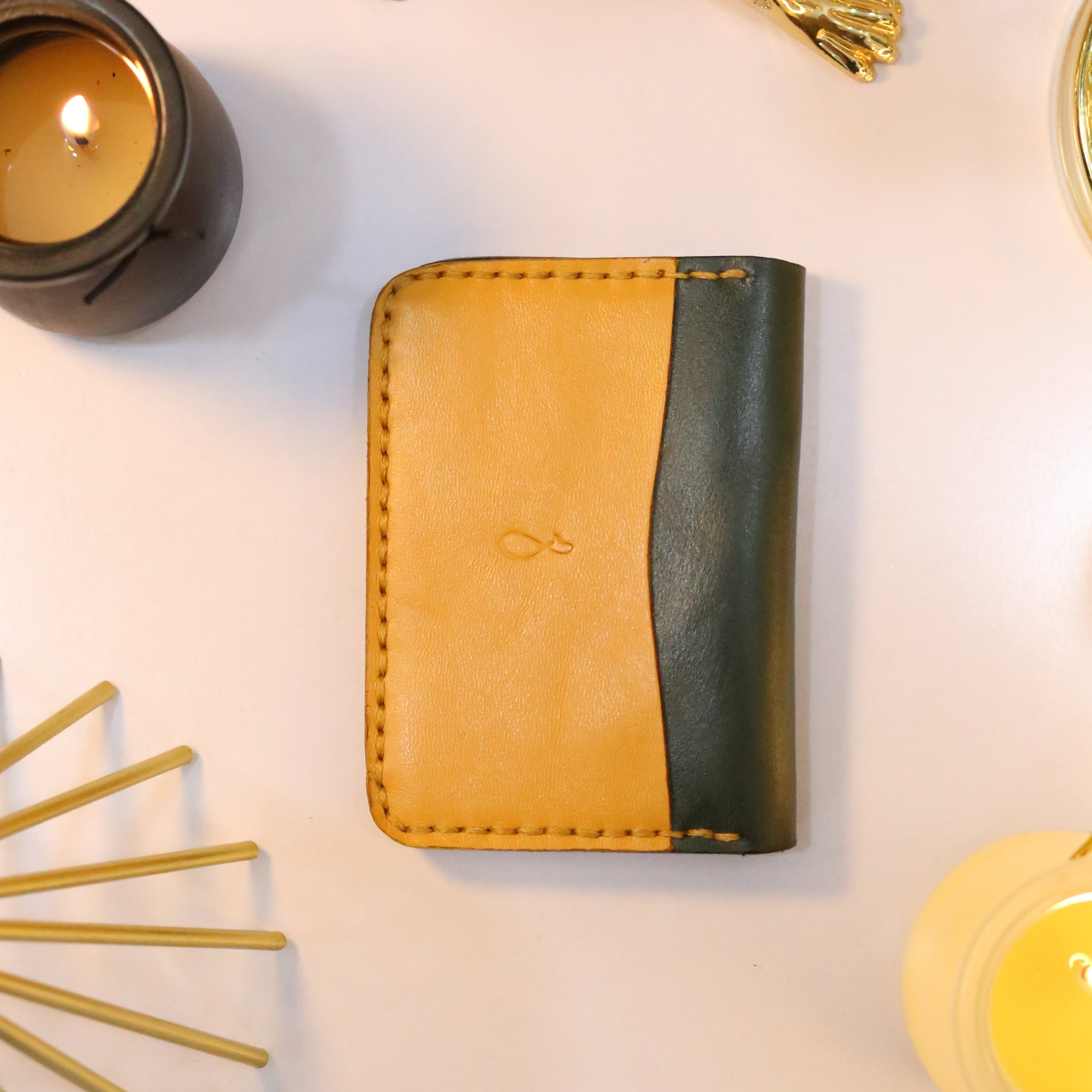 W4 Handmade Leather Wallet Stone Green & Mustard