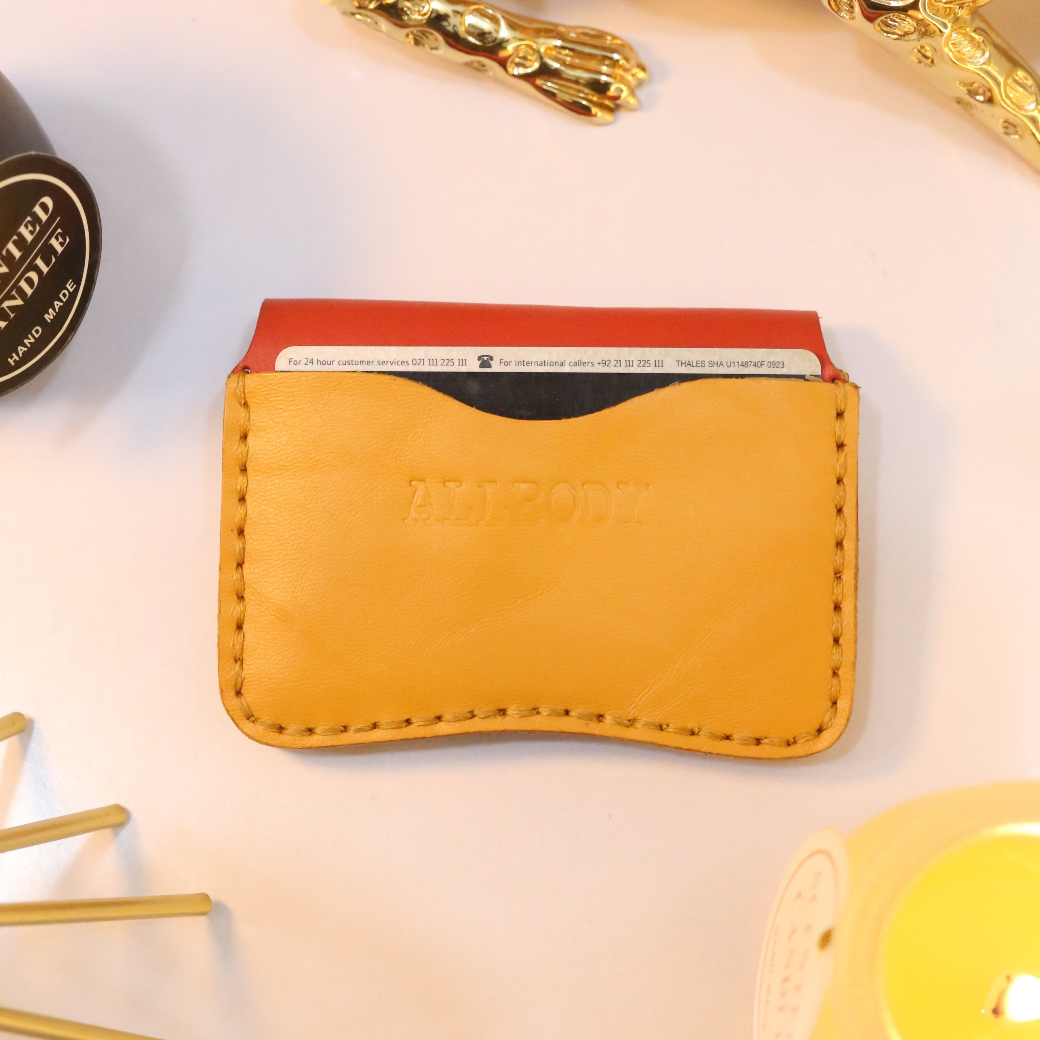 W1 Handmade Leather Card Holder Red & Mustard