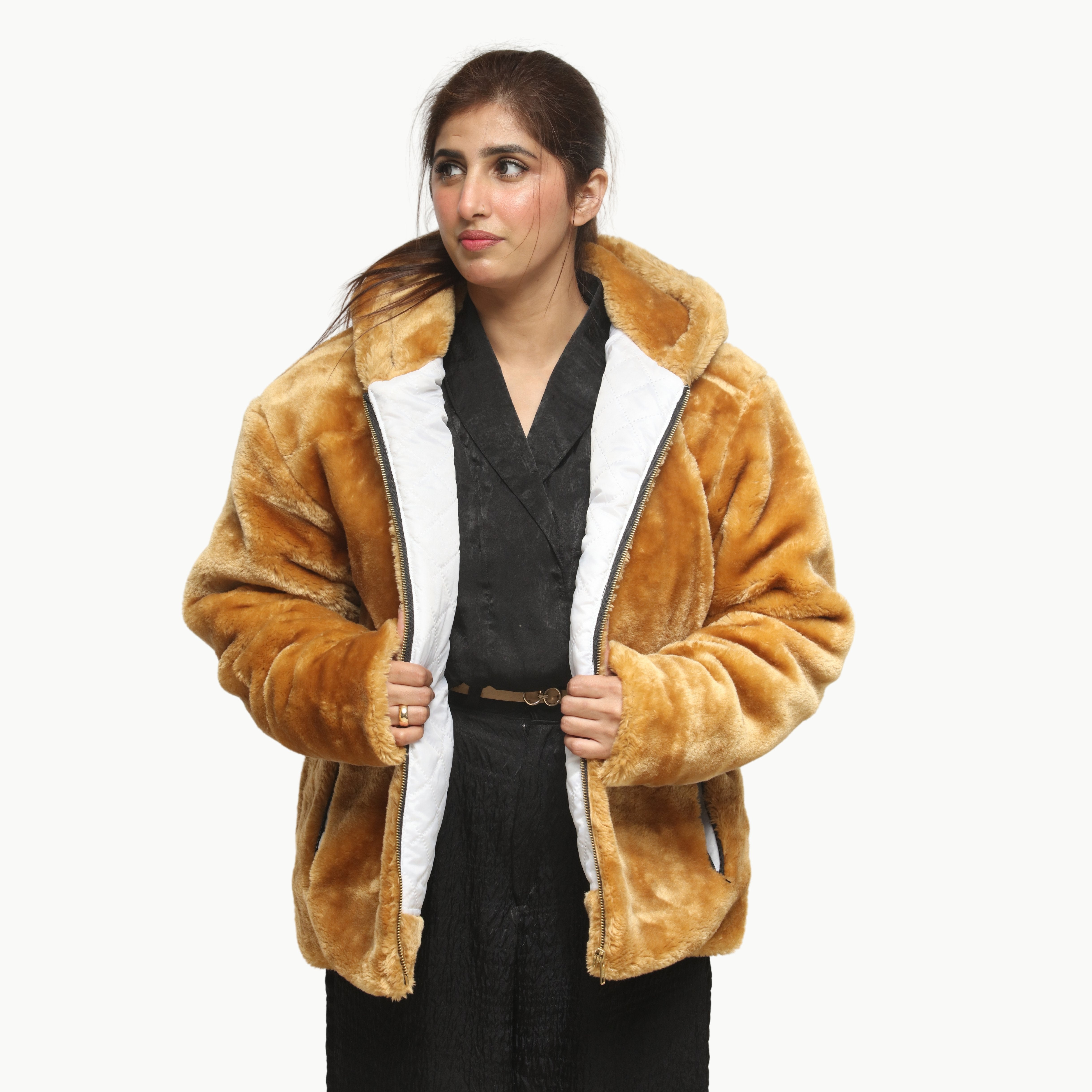 Women Camel Mohair Fur Jacket
