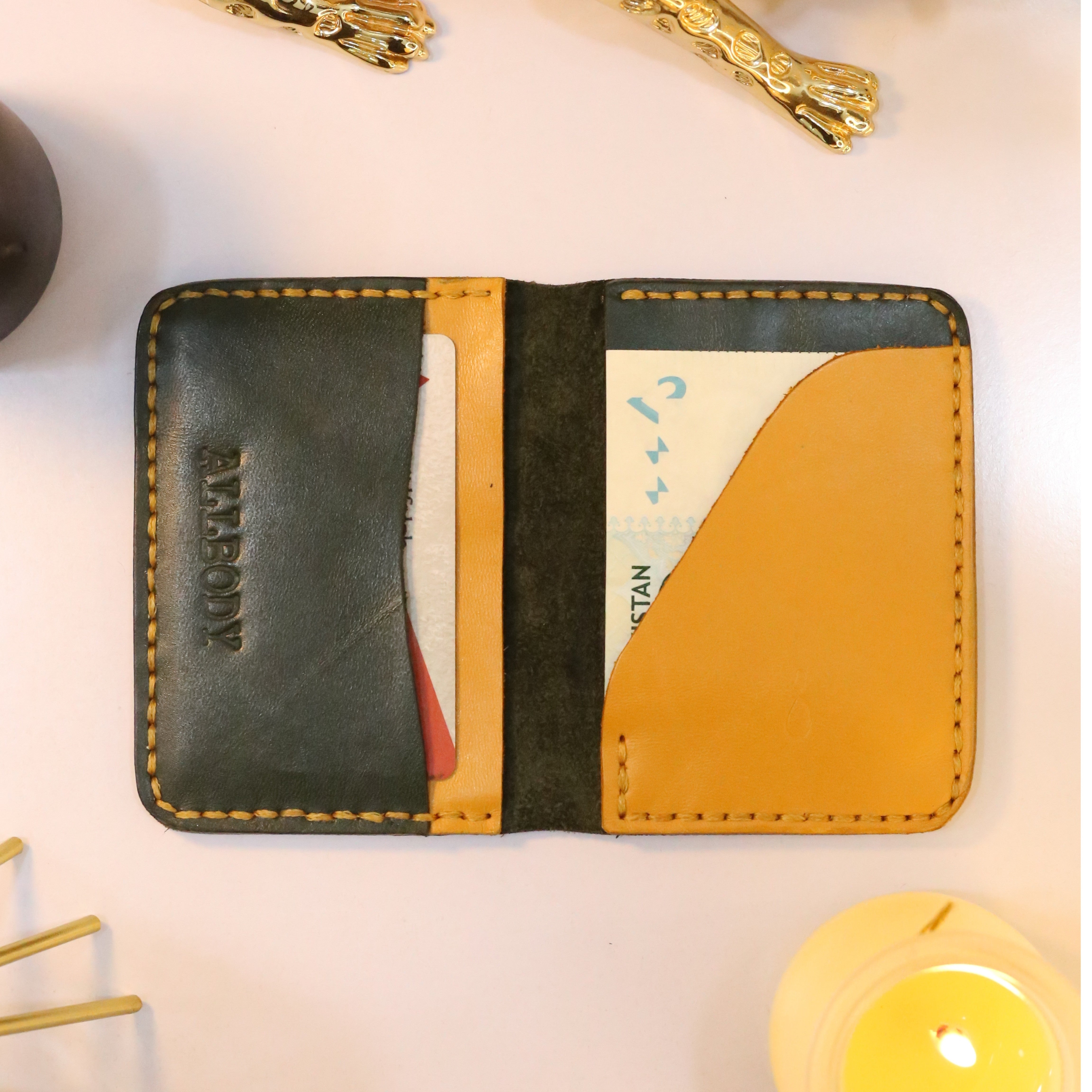 W4 Handmade Leather Wallet Stone Green & Mustard