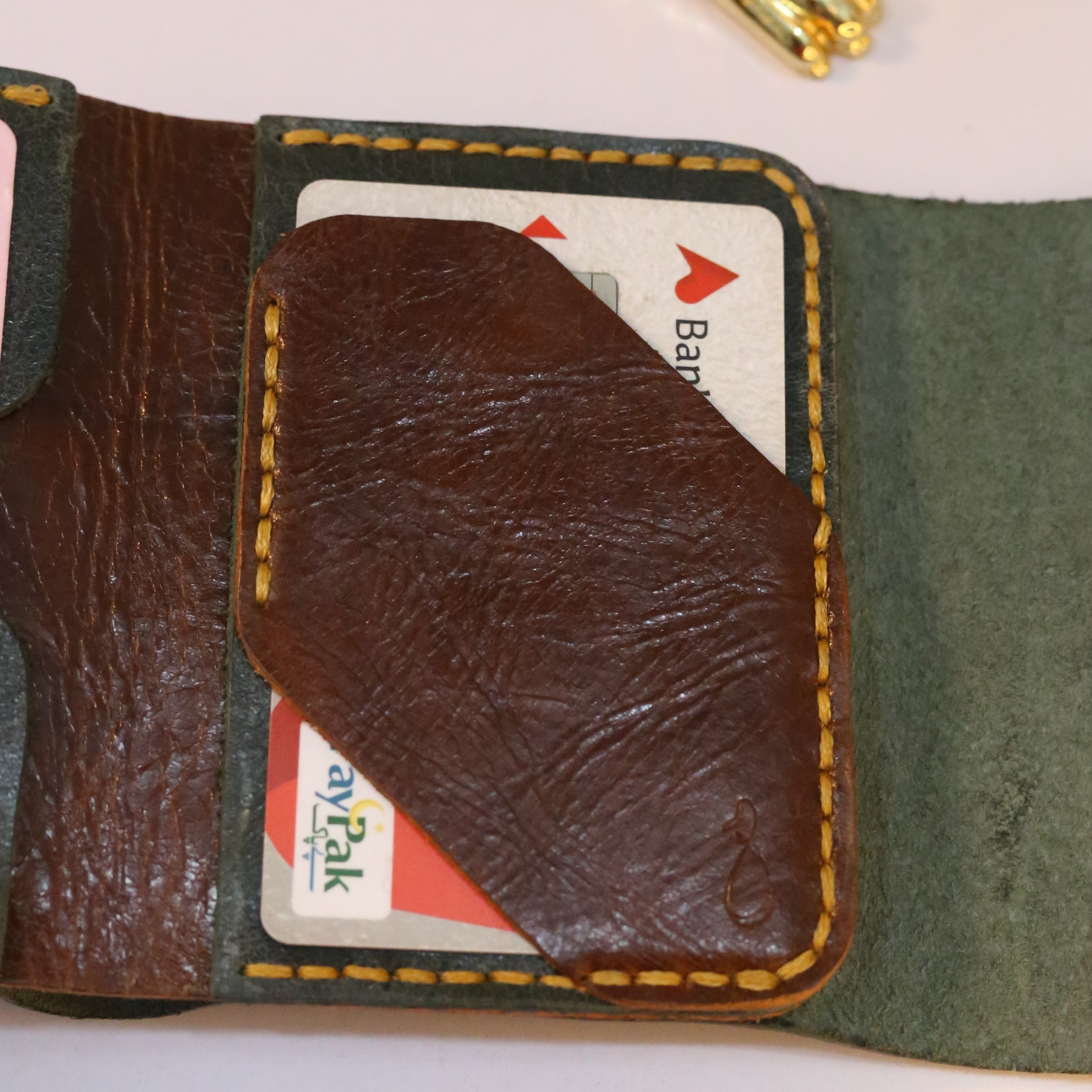 W8 Hybrid Handmade Leather Wallet Stone Green & Brown