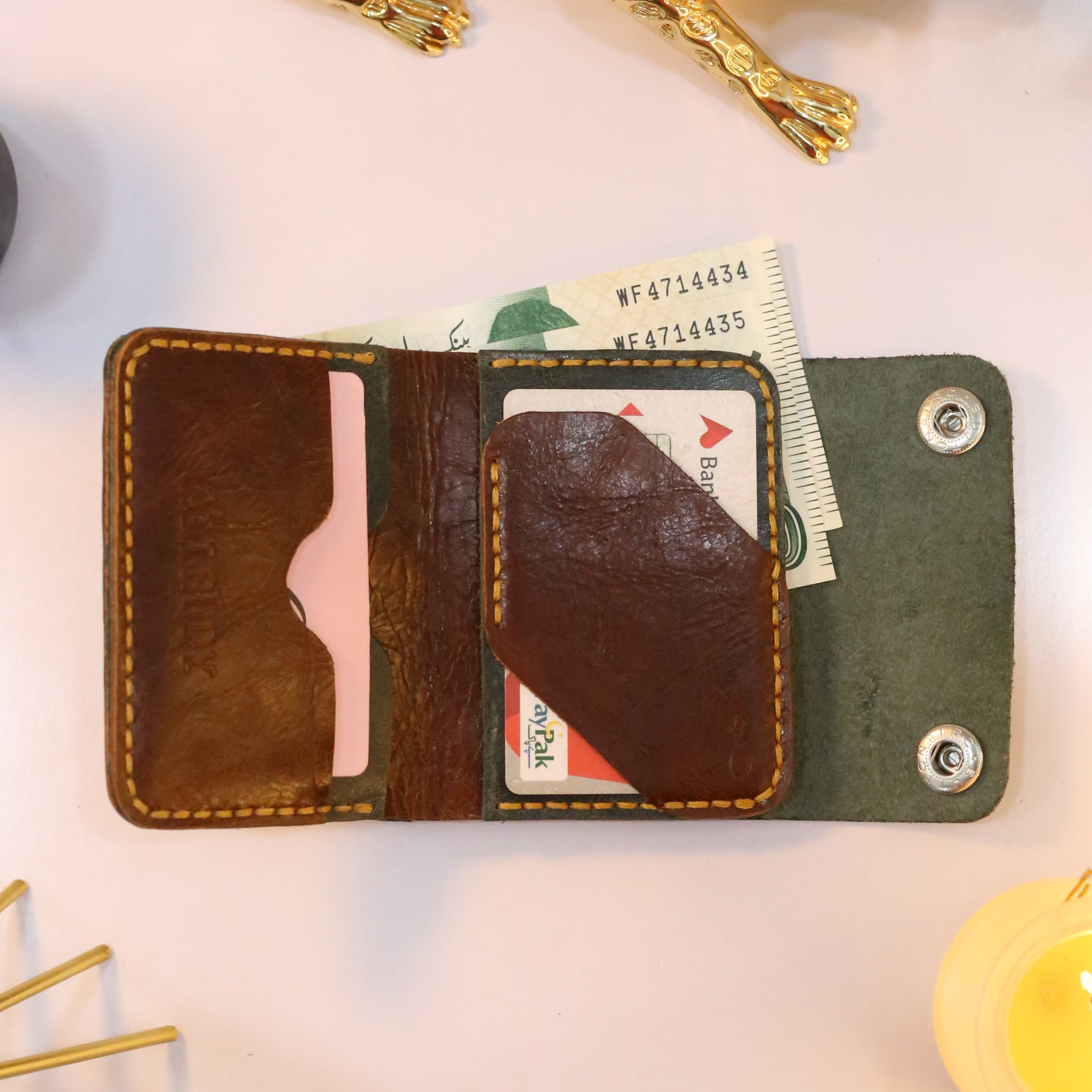 W8 Hybrid Handmade Leather Wallet Stone Green & Brown