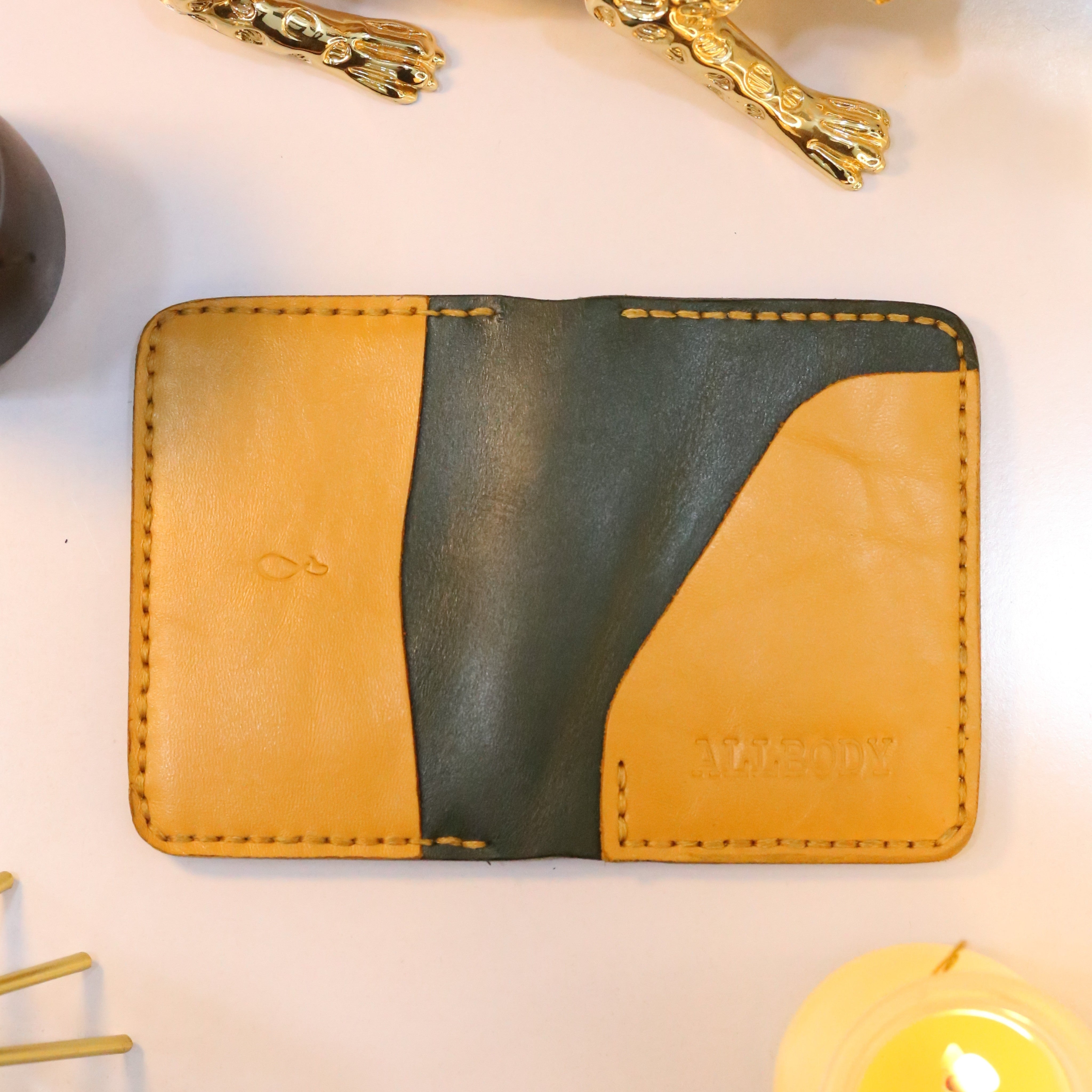W4 Handmade Leather Wallet Stone Green & Mustard