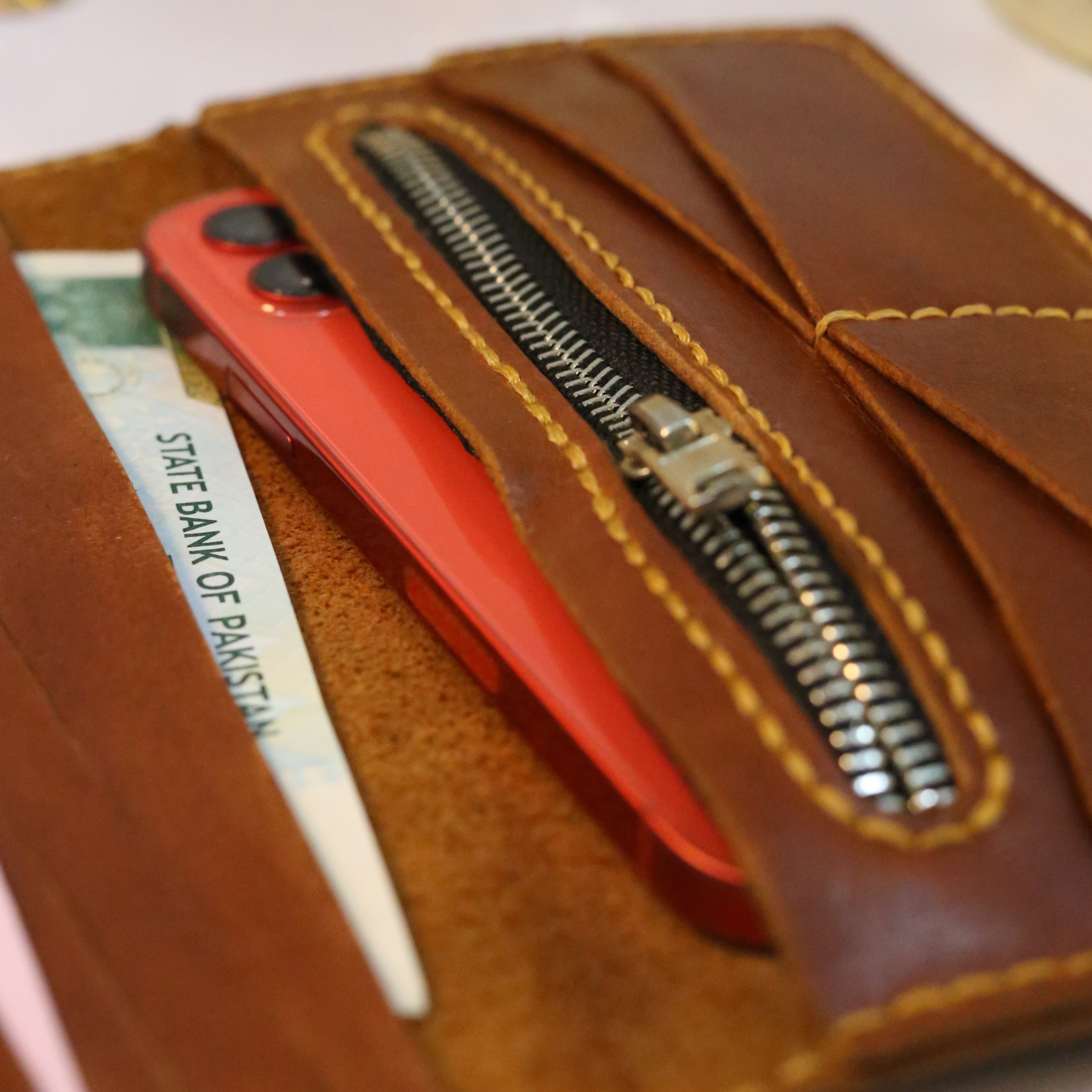 W9 Long Bi-Fold Handmade Leather Wallet Brown