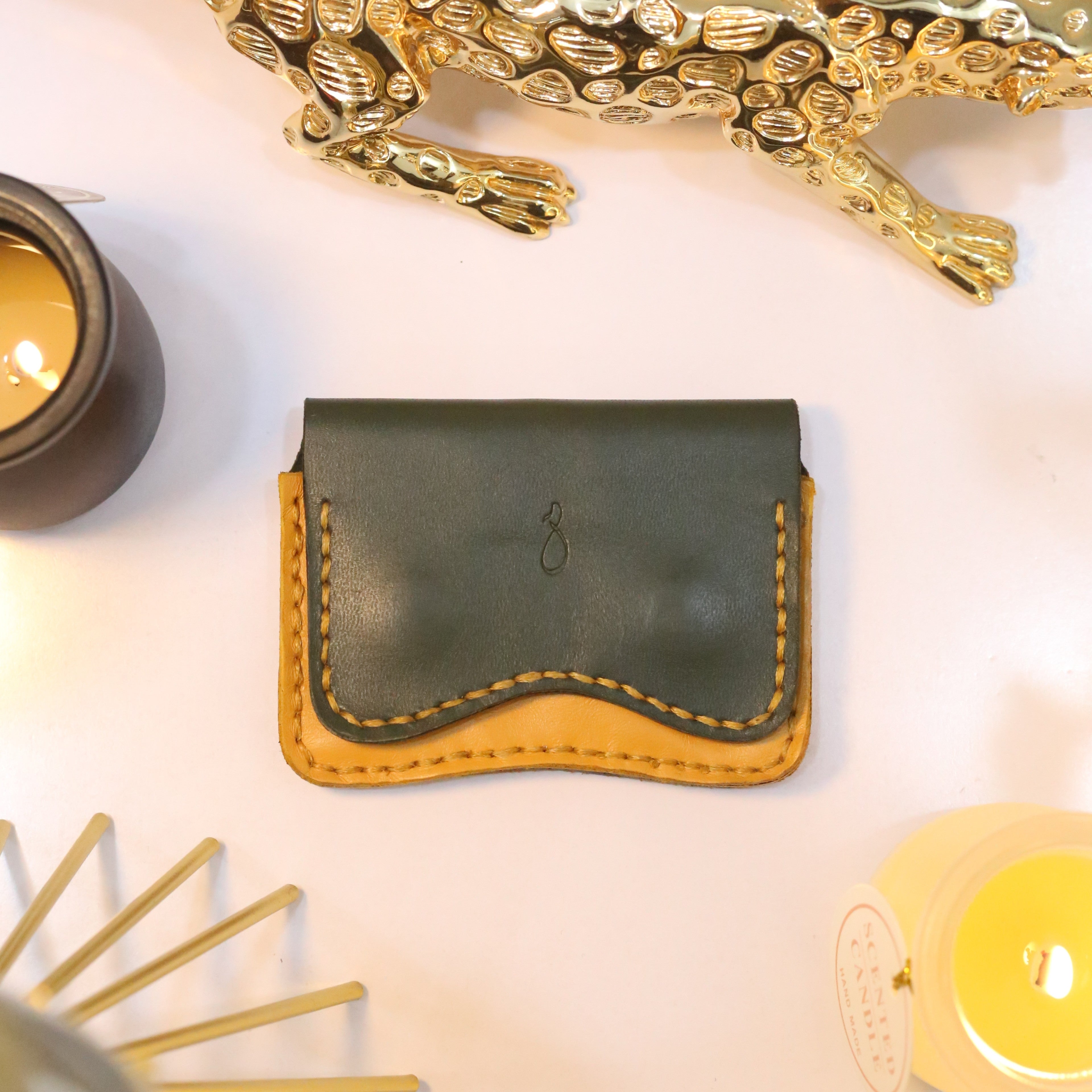 W1 Handmade Leather Card Holder Olive Green & Mustard