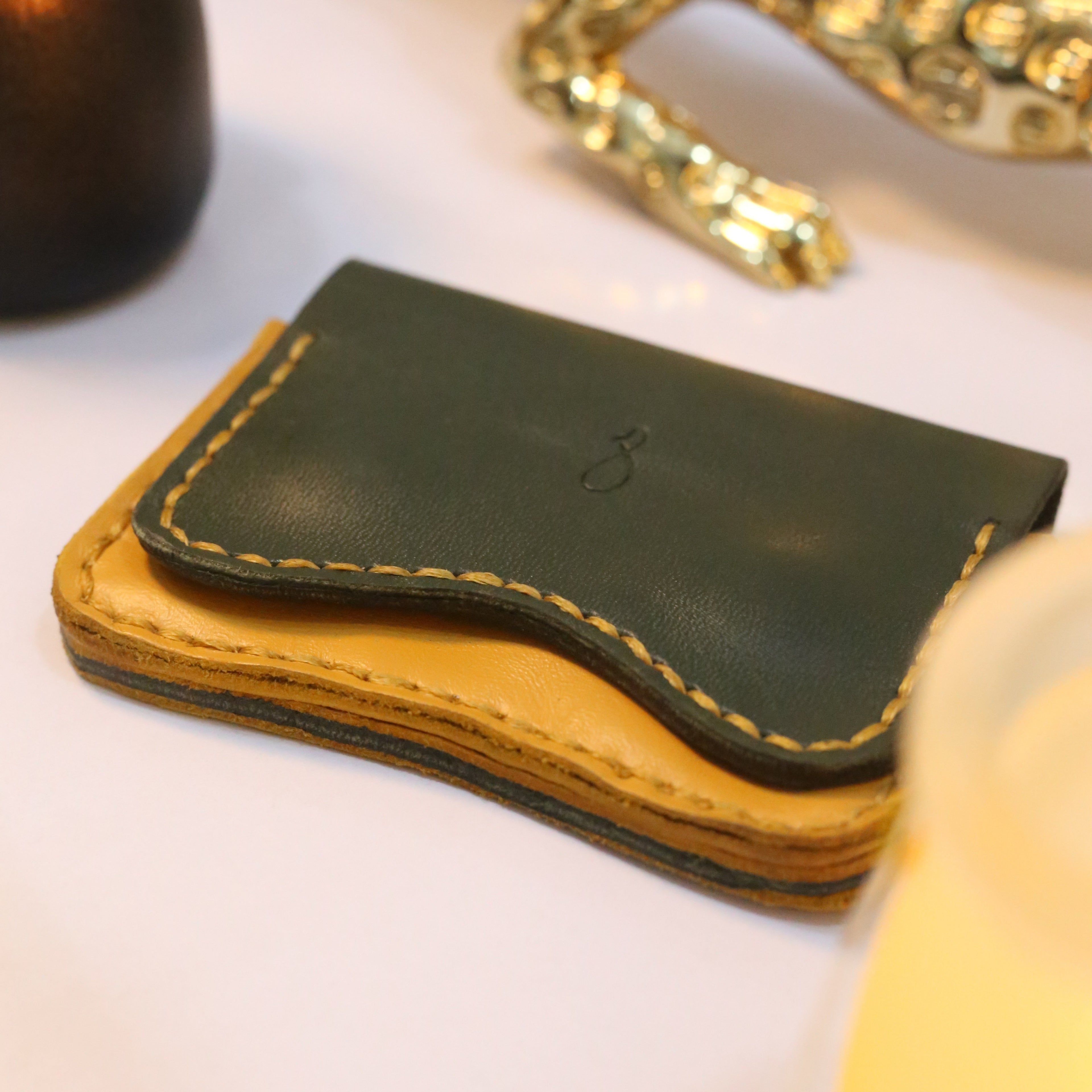 W1 Handmade Leather Card Holder Olive Green & Mustard