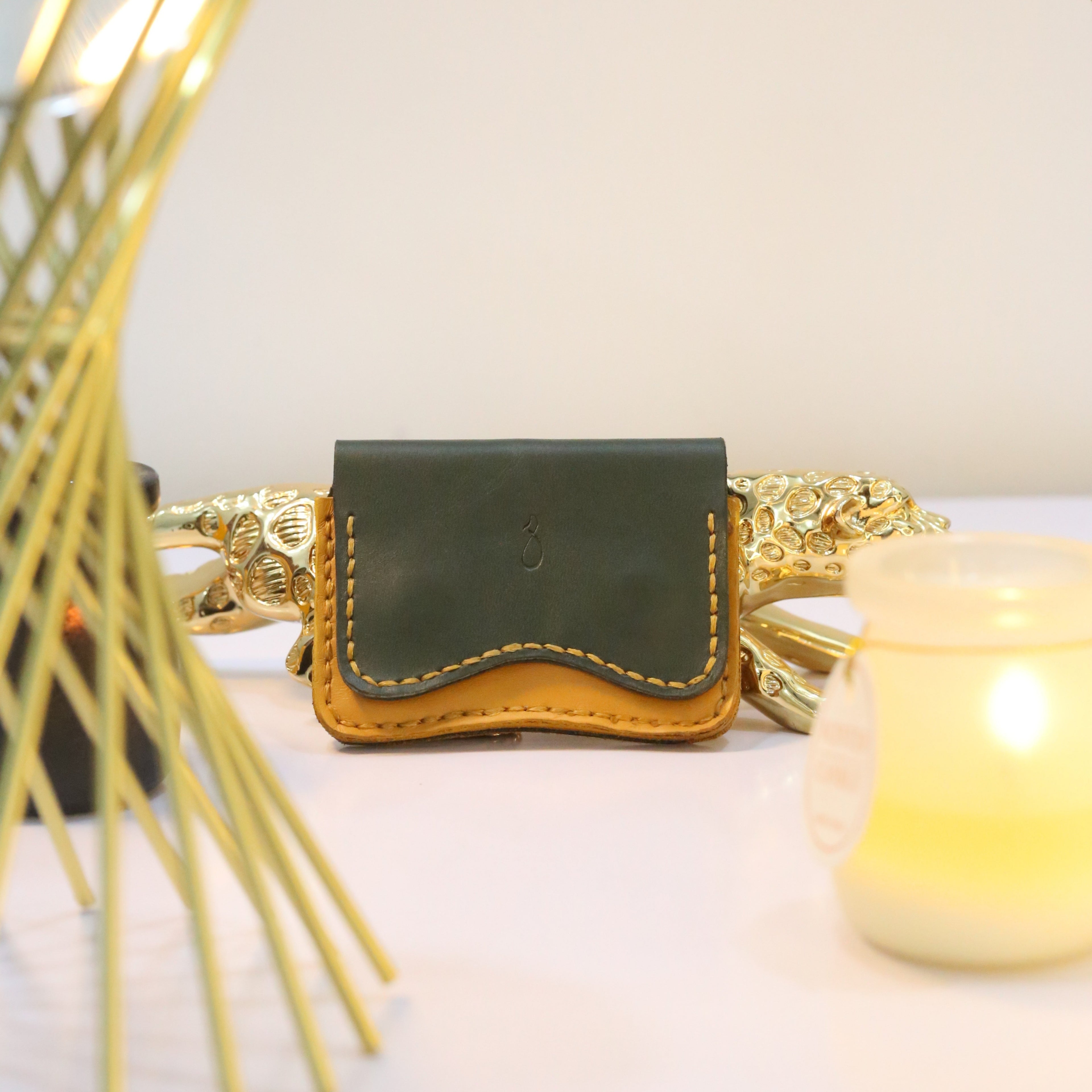 W1 Handmade Leather Card Holder Olive Green & Mustard