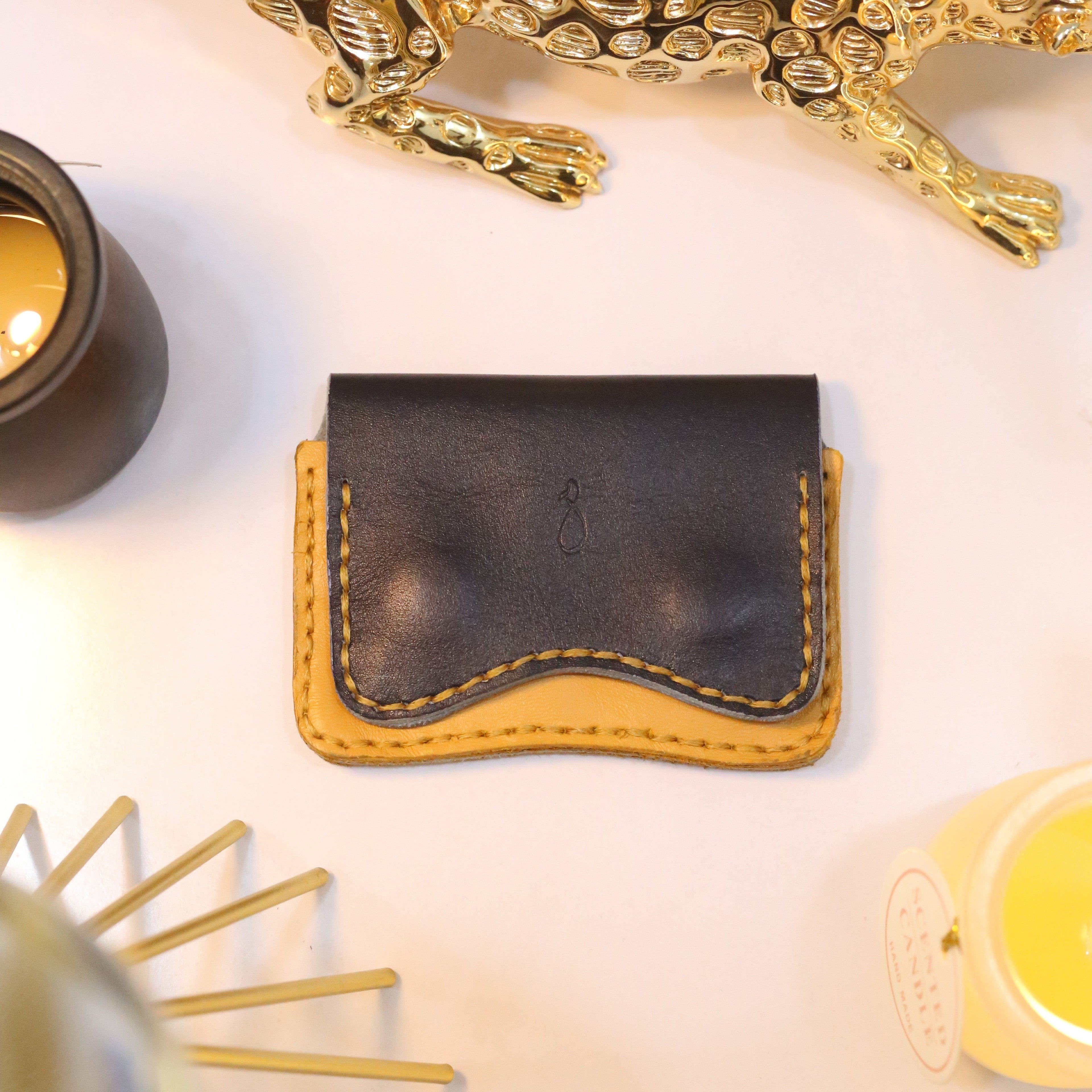 W1 Handmade Leather Card Holder Navy Blue & Mustard