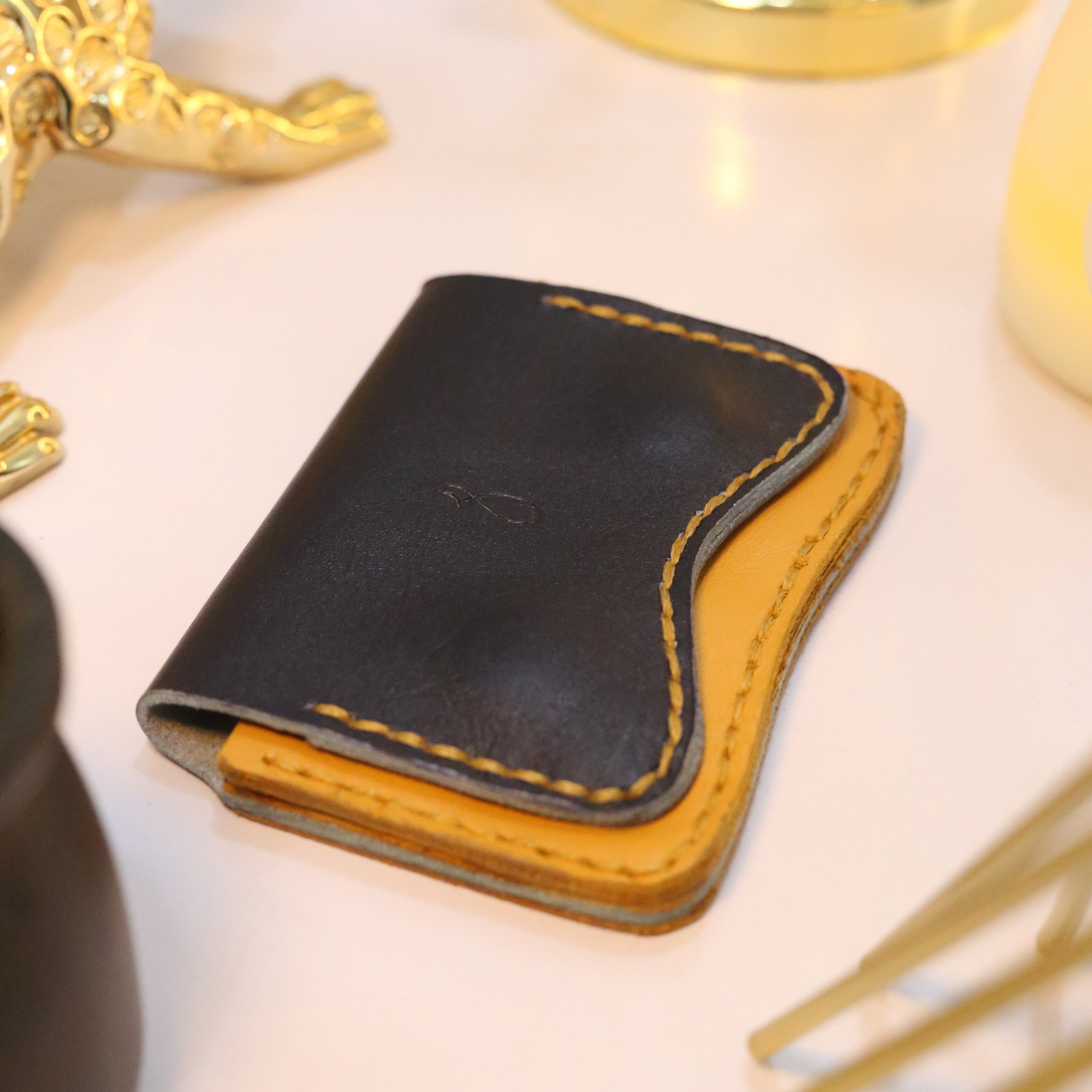 W1 Handmade Leather Card Holder Navy Blue & Mustard