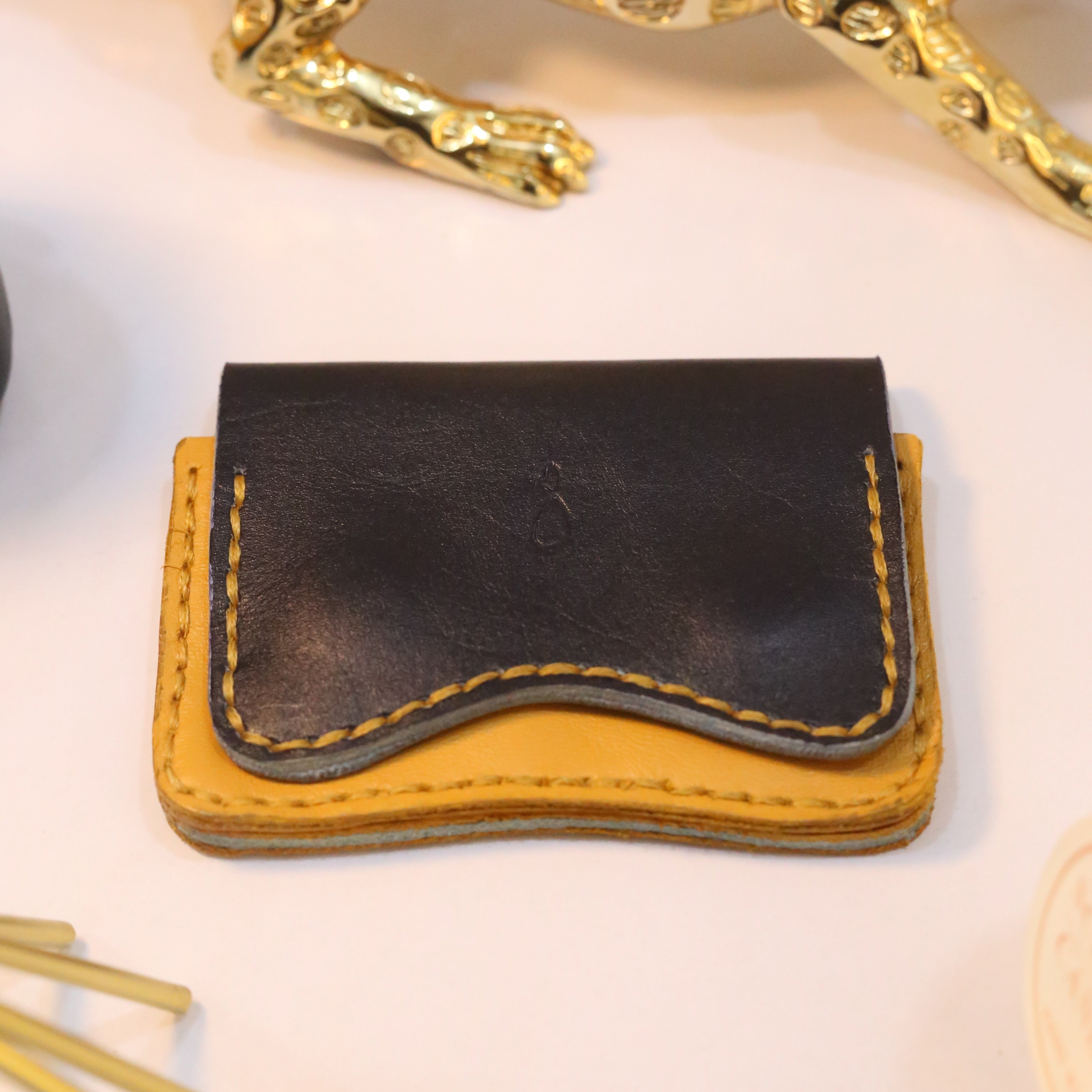 W1 Handmade Leather Card Holder Navy Blue & Mustard