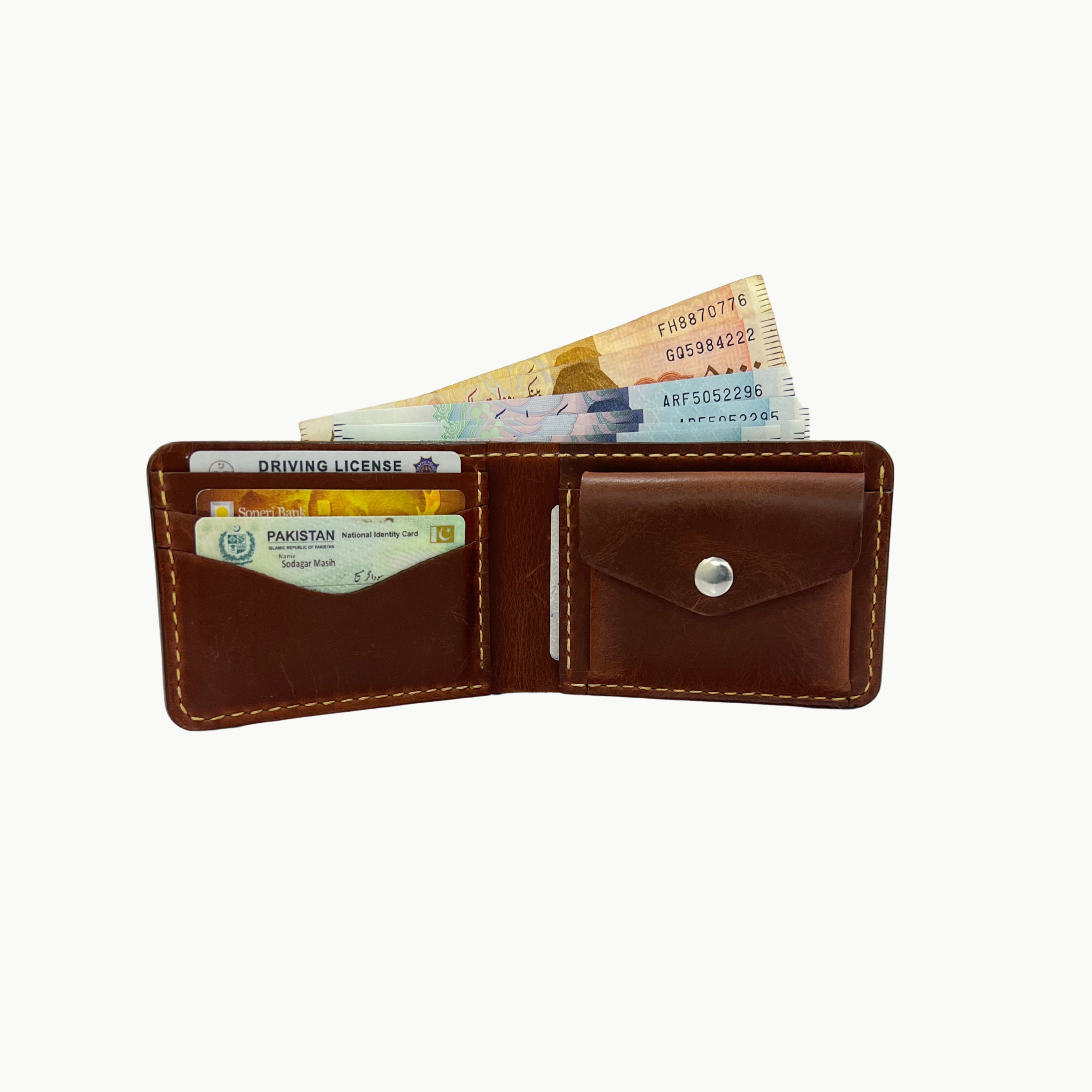 W4 Handmade Bifold Coin Leather Wallet Brown