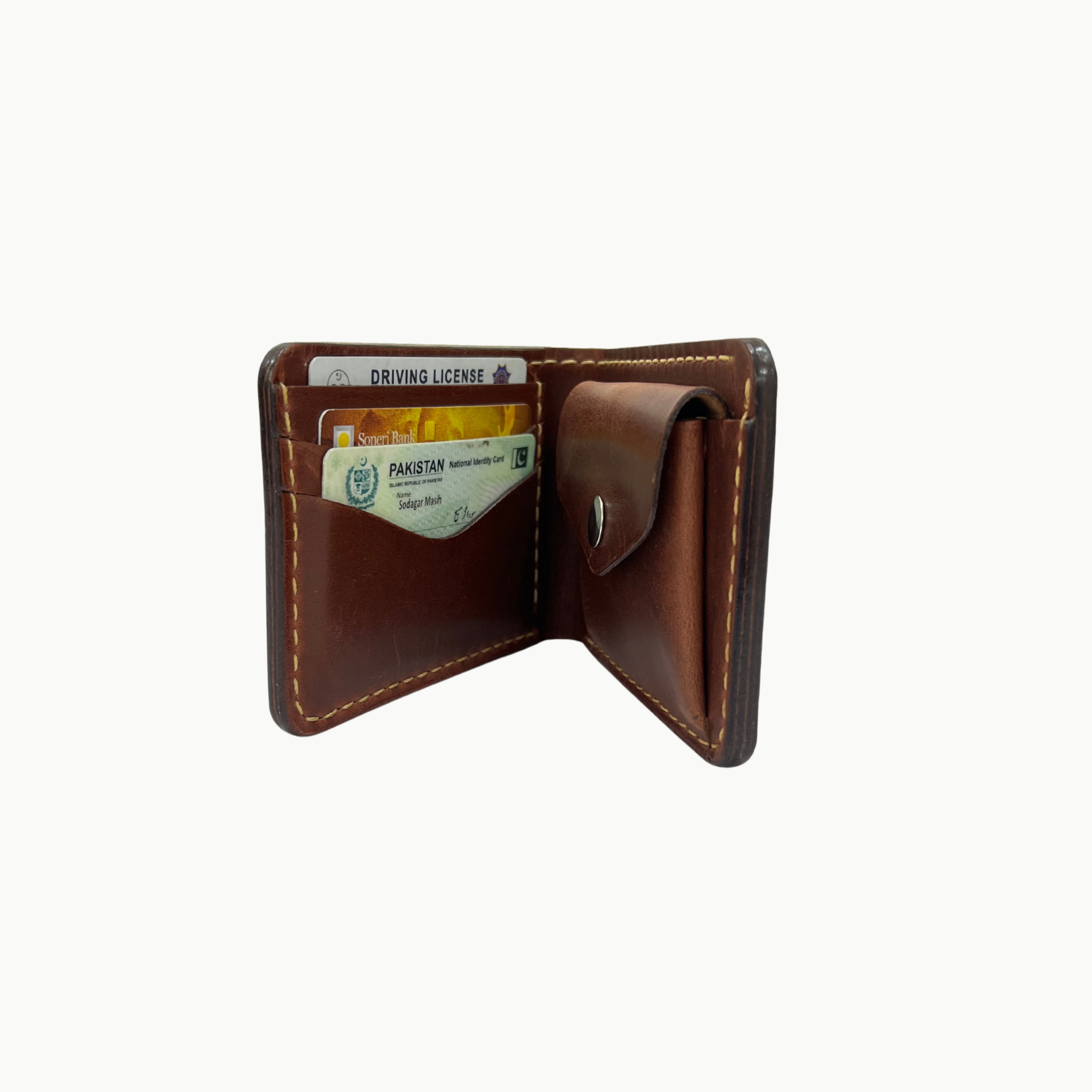 W4 Handmade Bifold Coin Leather Wallet Brown