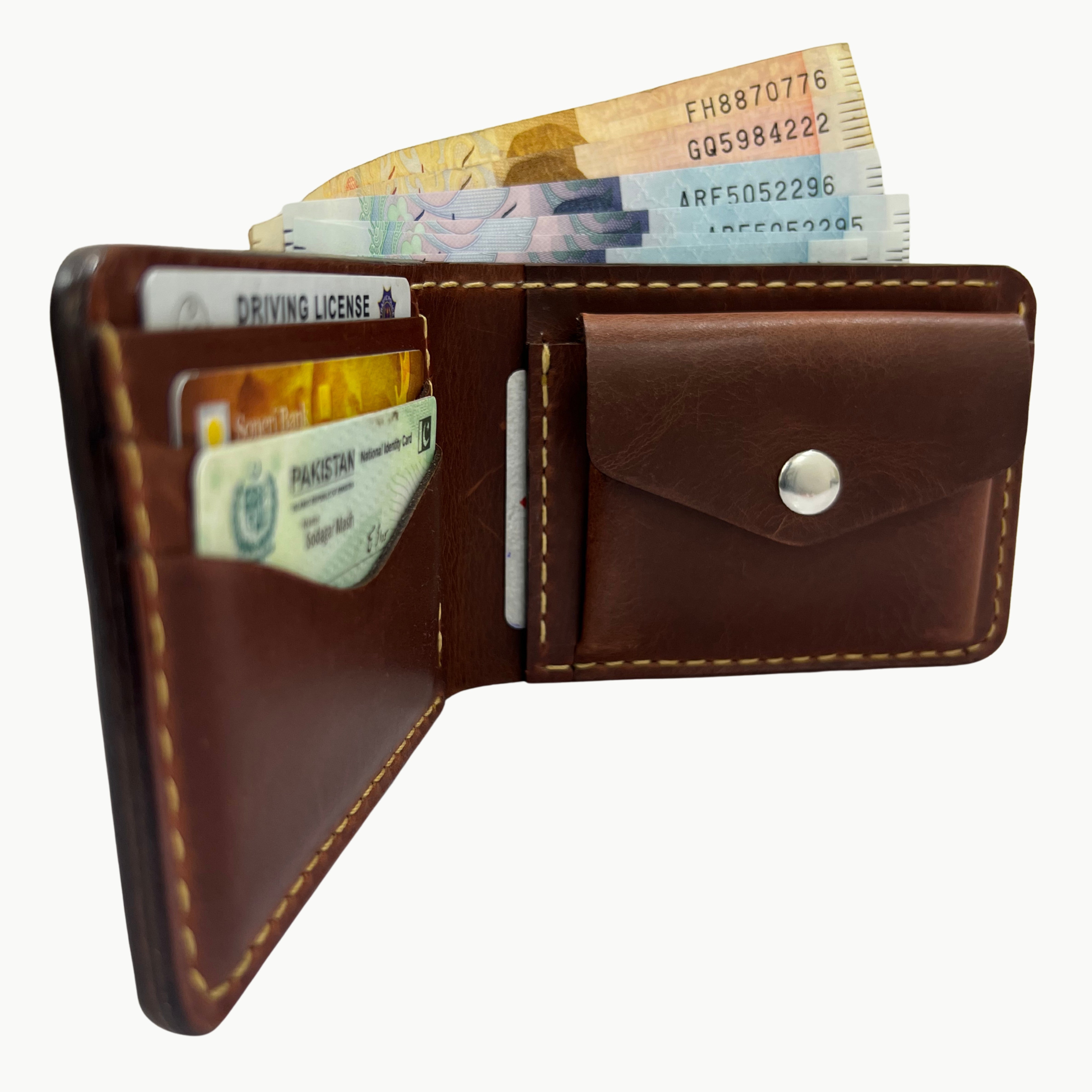 W4 Handmade Bifold Coin Leather Wallet Brown