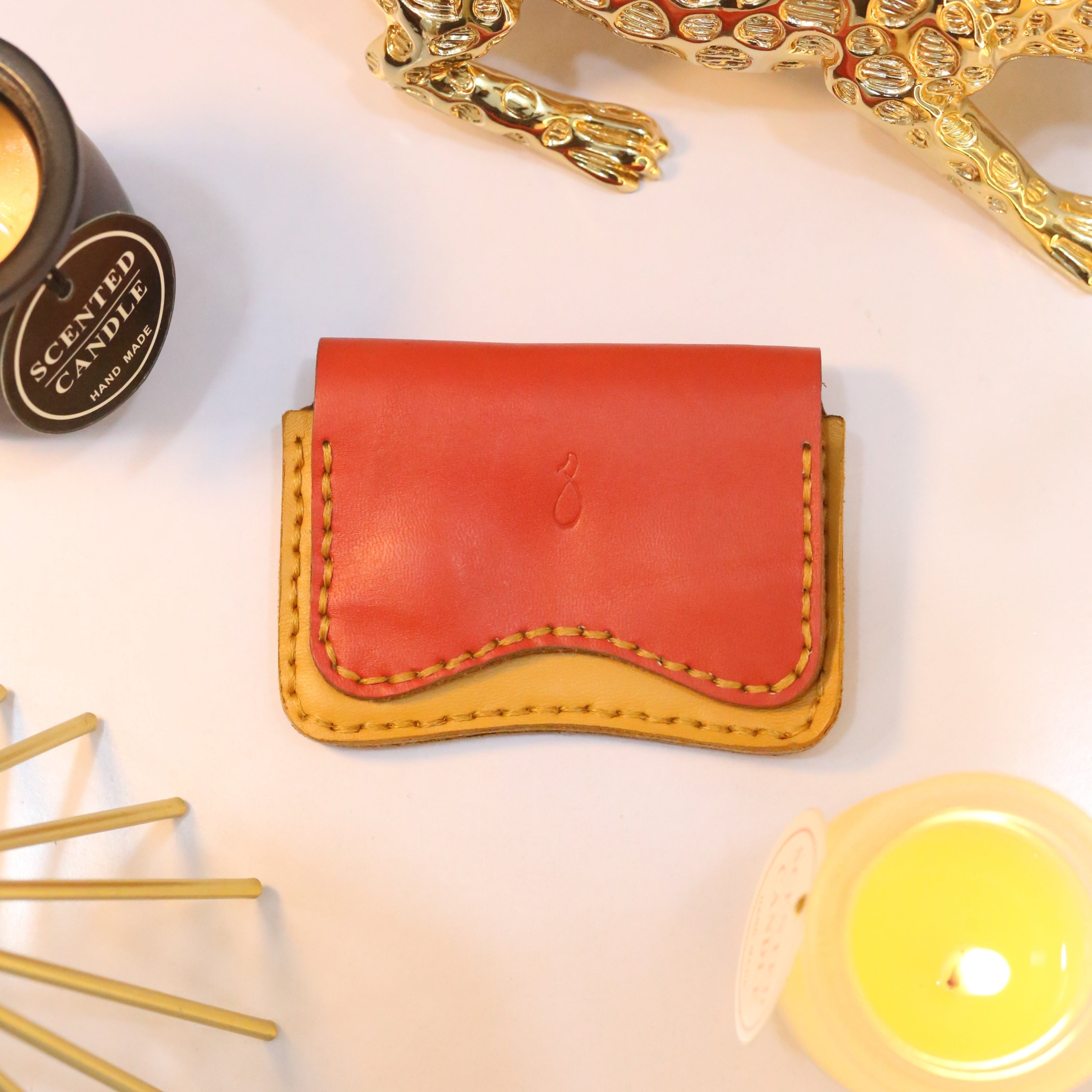 W1 Handmade Leather Card Holder Red & Mustard