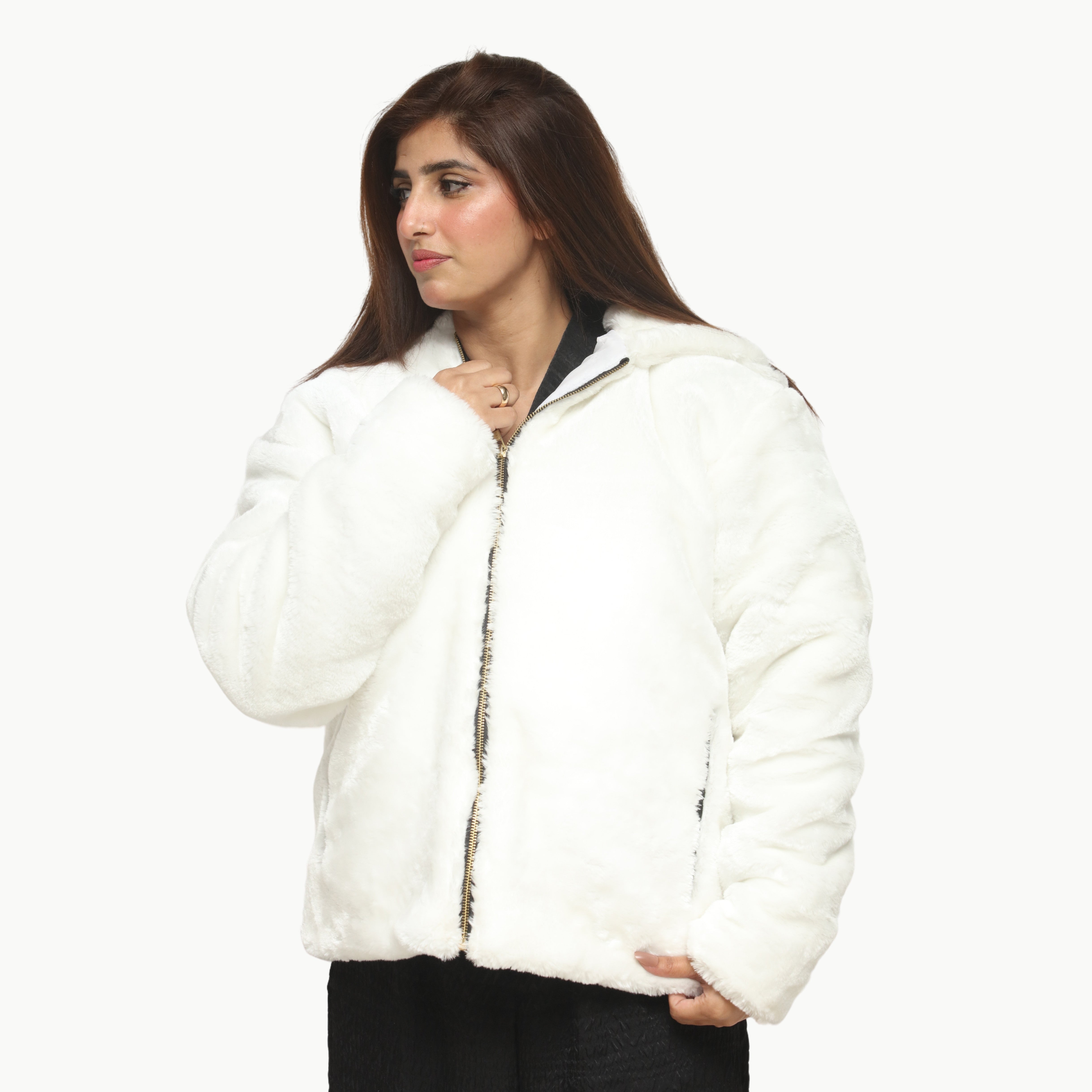 Women White Mohair Fur Jacket