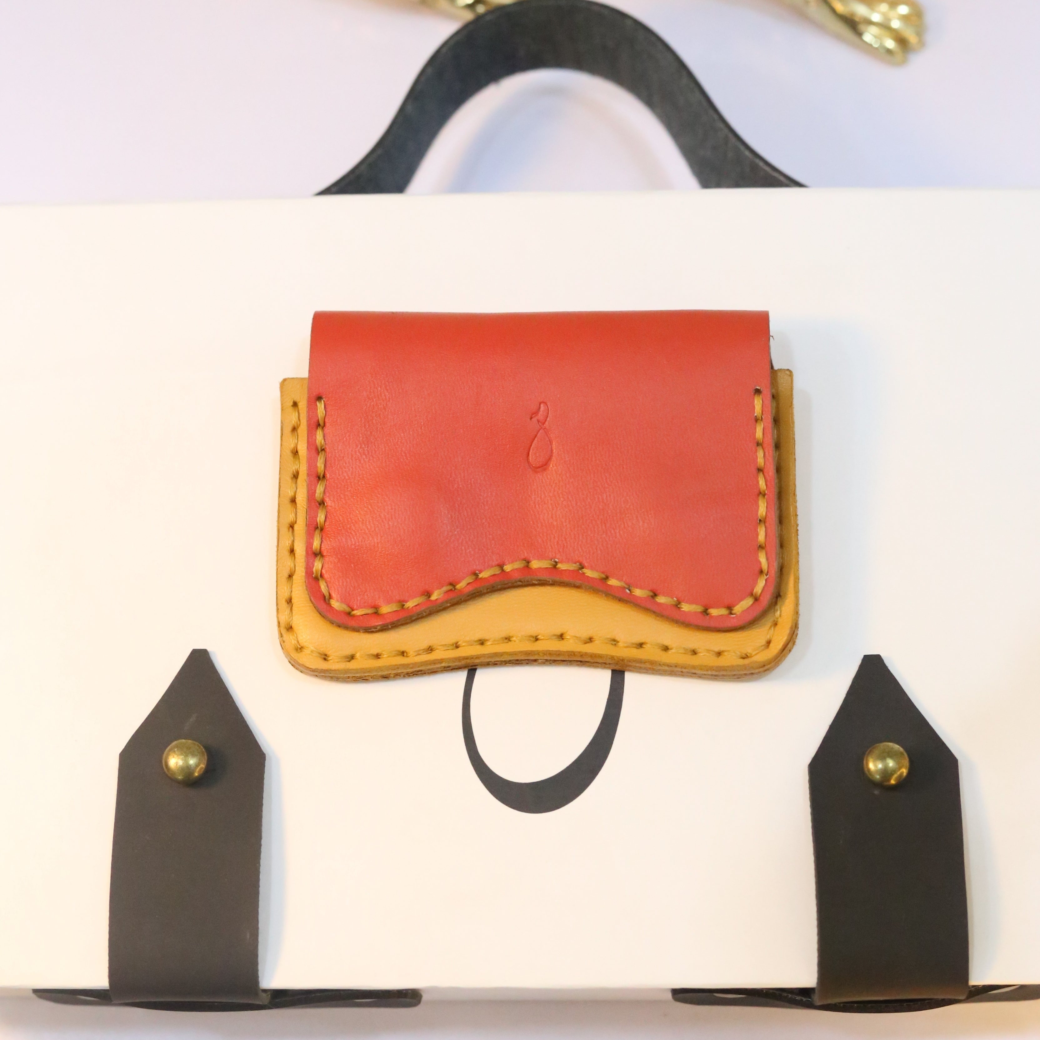 W1 Handmade Leather Card Holder Red & Mustard