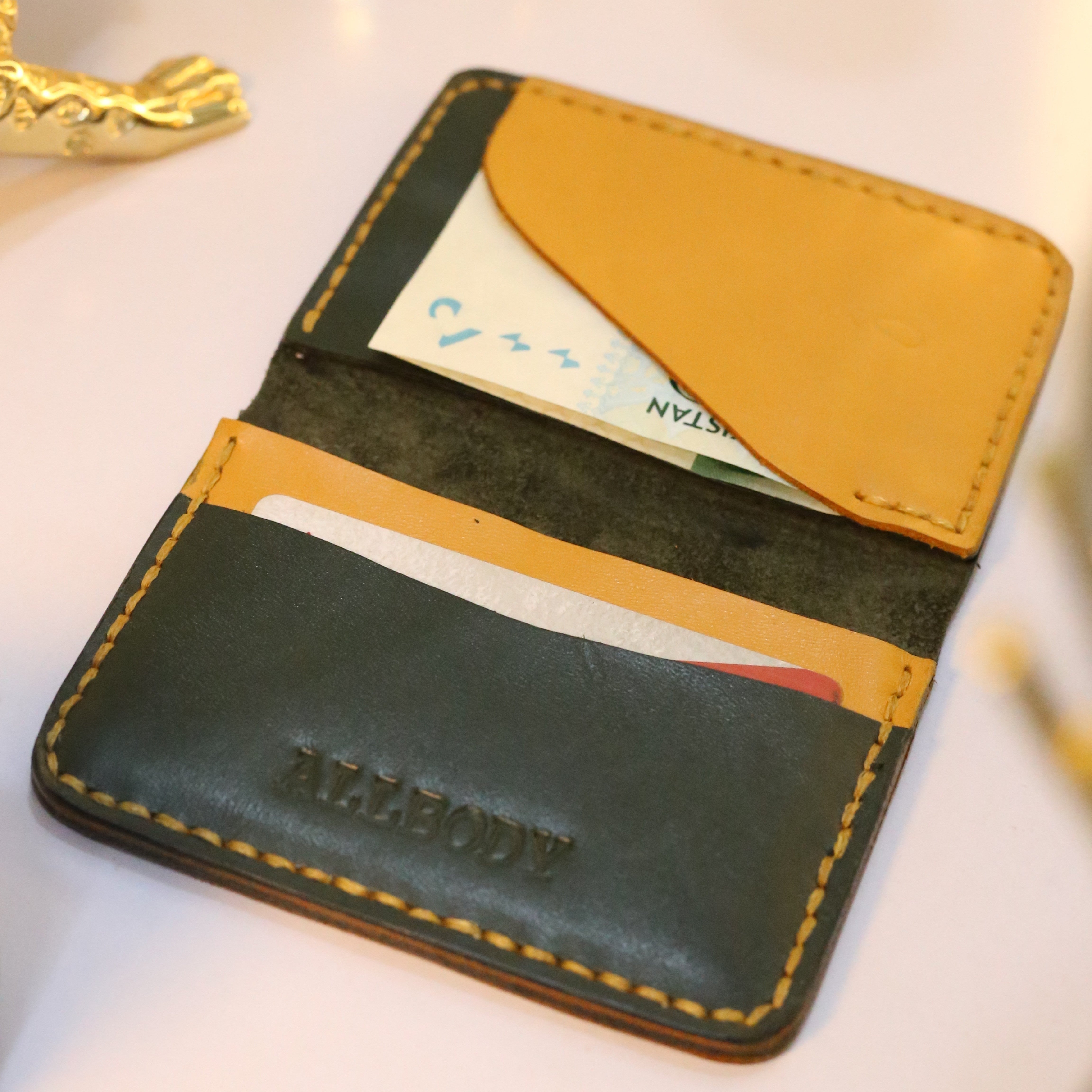 W4 Handmade Leather Wallet Stone Green & Mustard