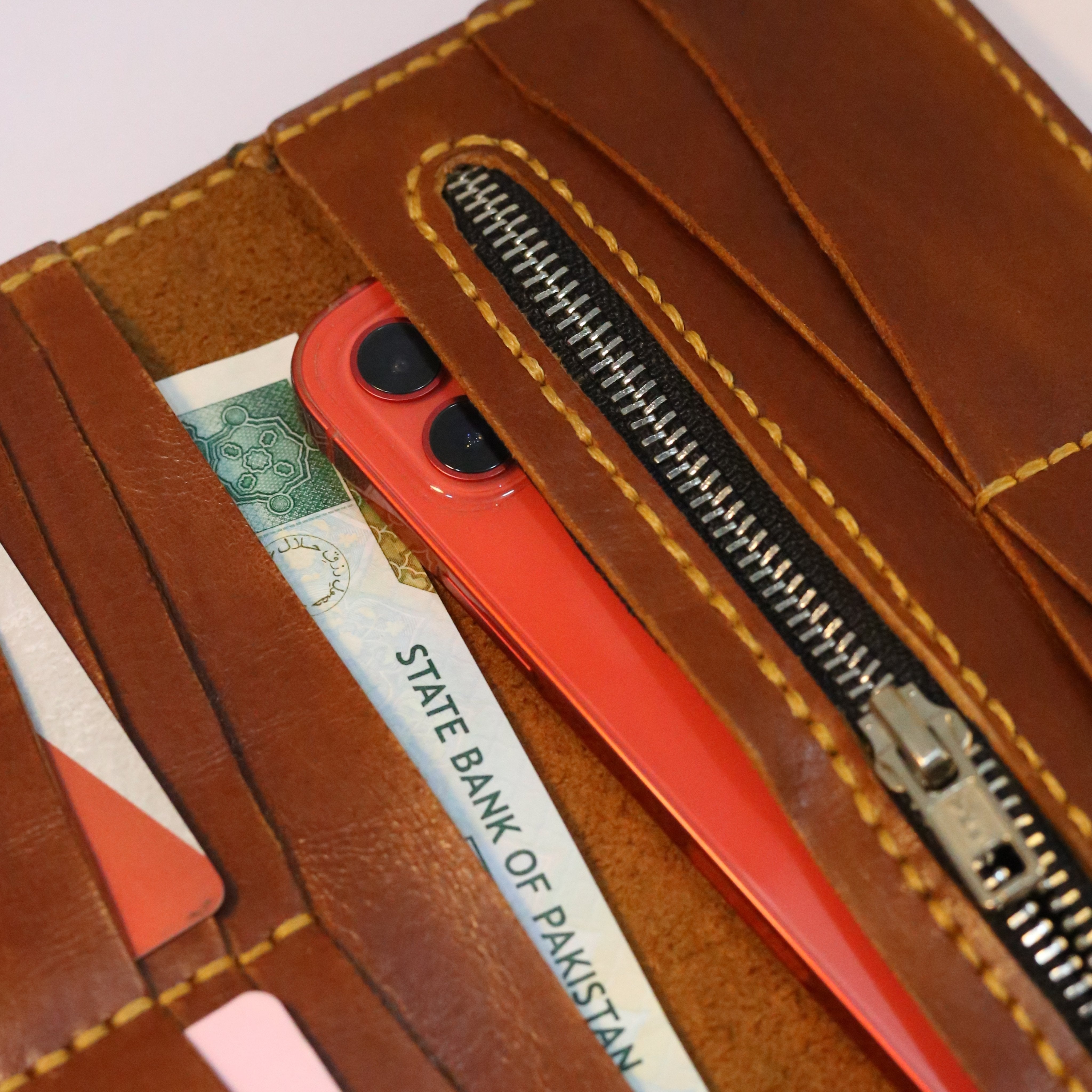 W9 Long Bi-Fold Handmade Leather Wallet Brown