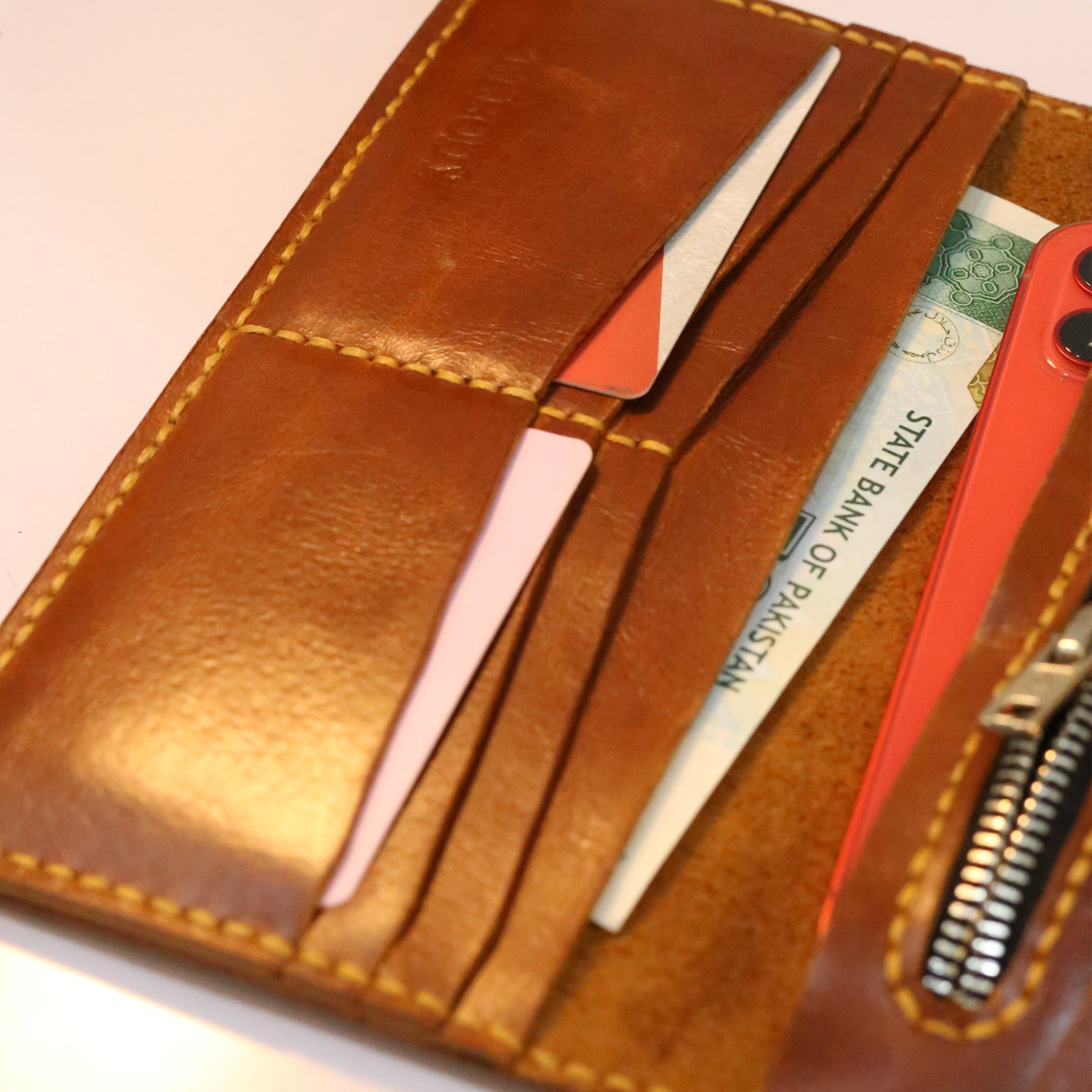 W9 Long Bi-Fold Handmade Leather Wallet Brown