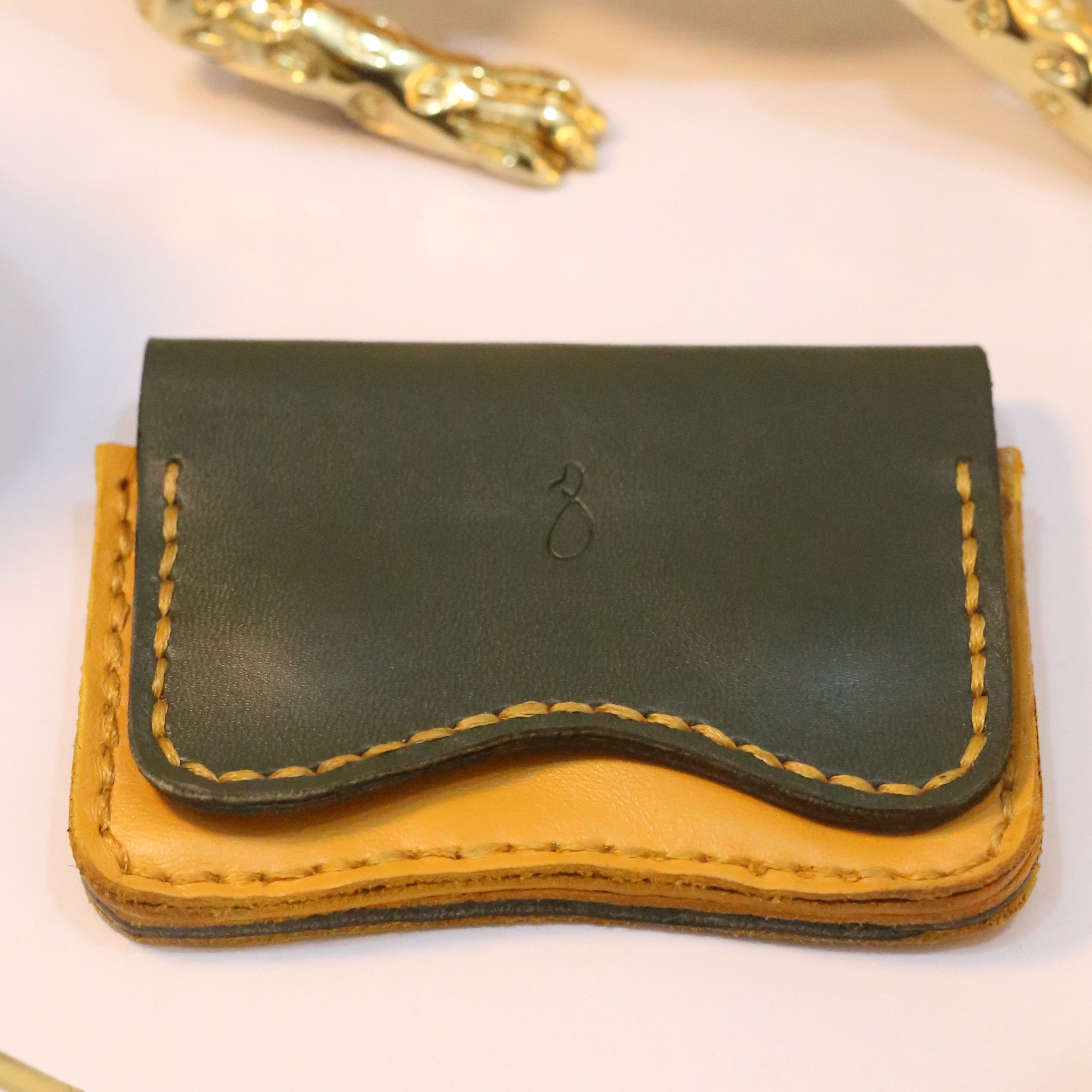 W1 Handmade Leather Card Holder Olive Green & Mustard