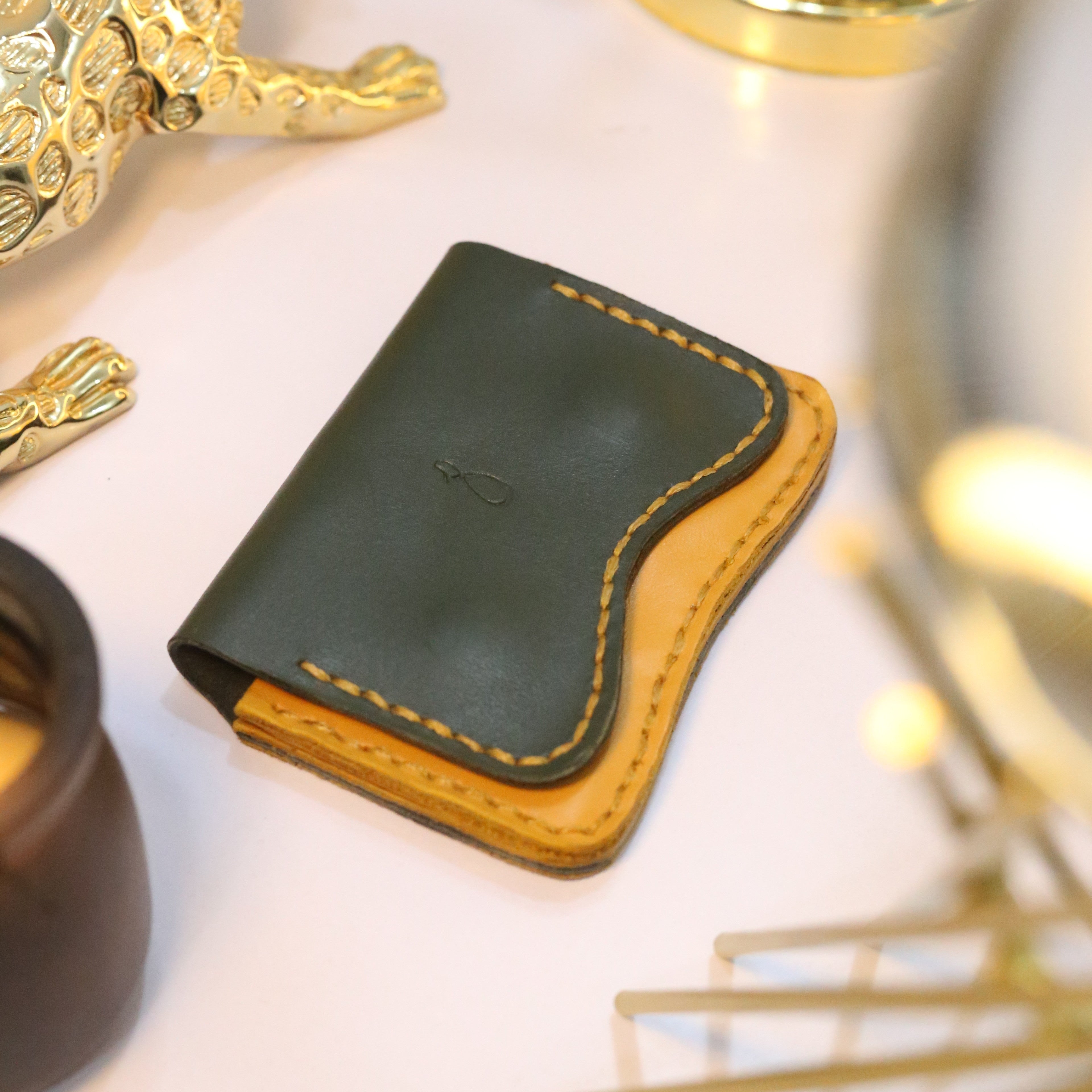 W1 Handmade Leather Card Holder Olive Green & Mustard