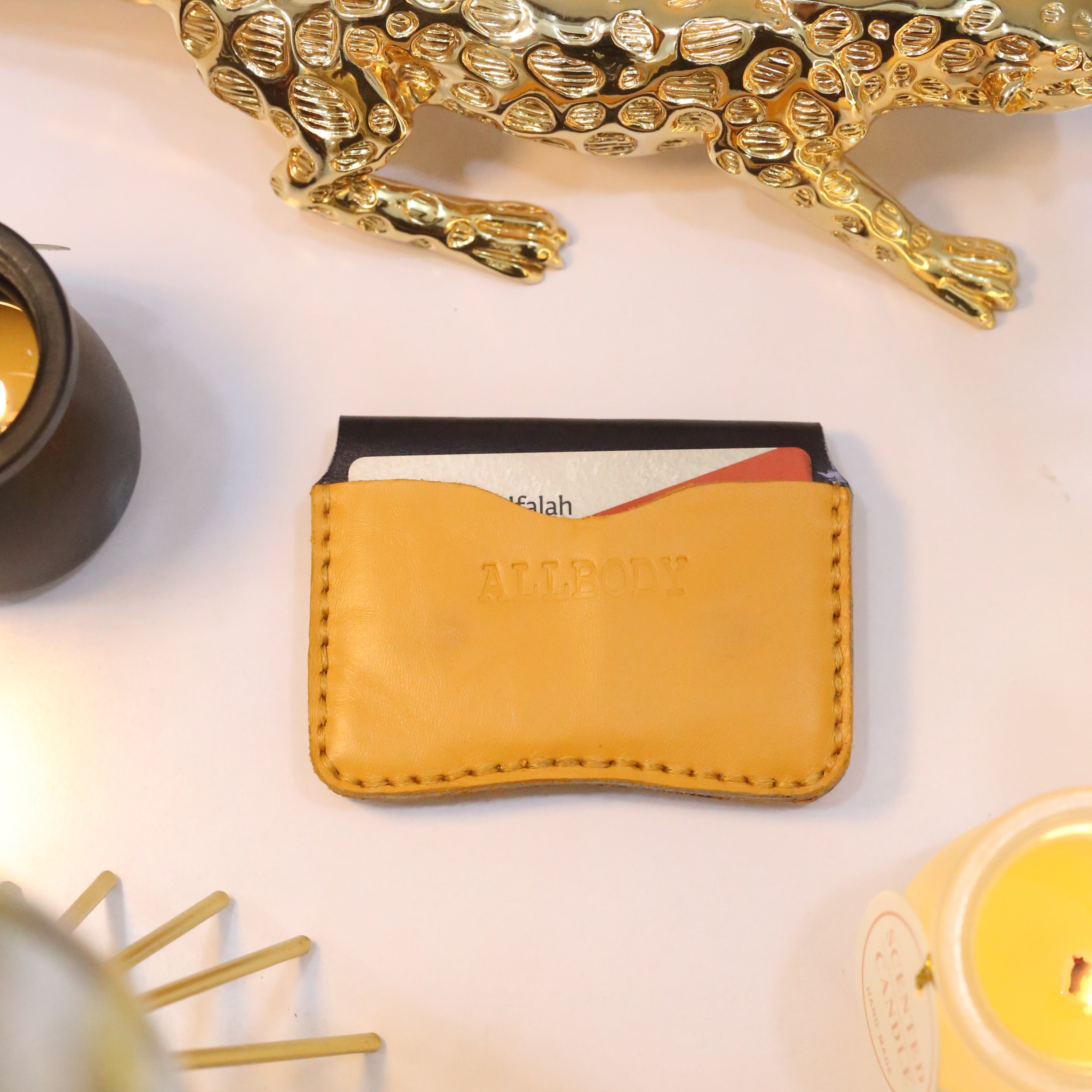 W1 Handmade Leather Card Holder Navy Blue & Mustard