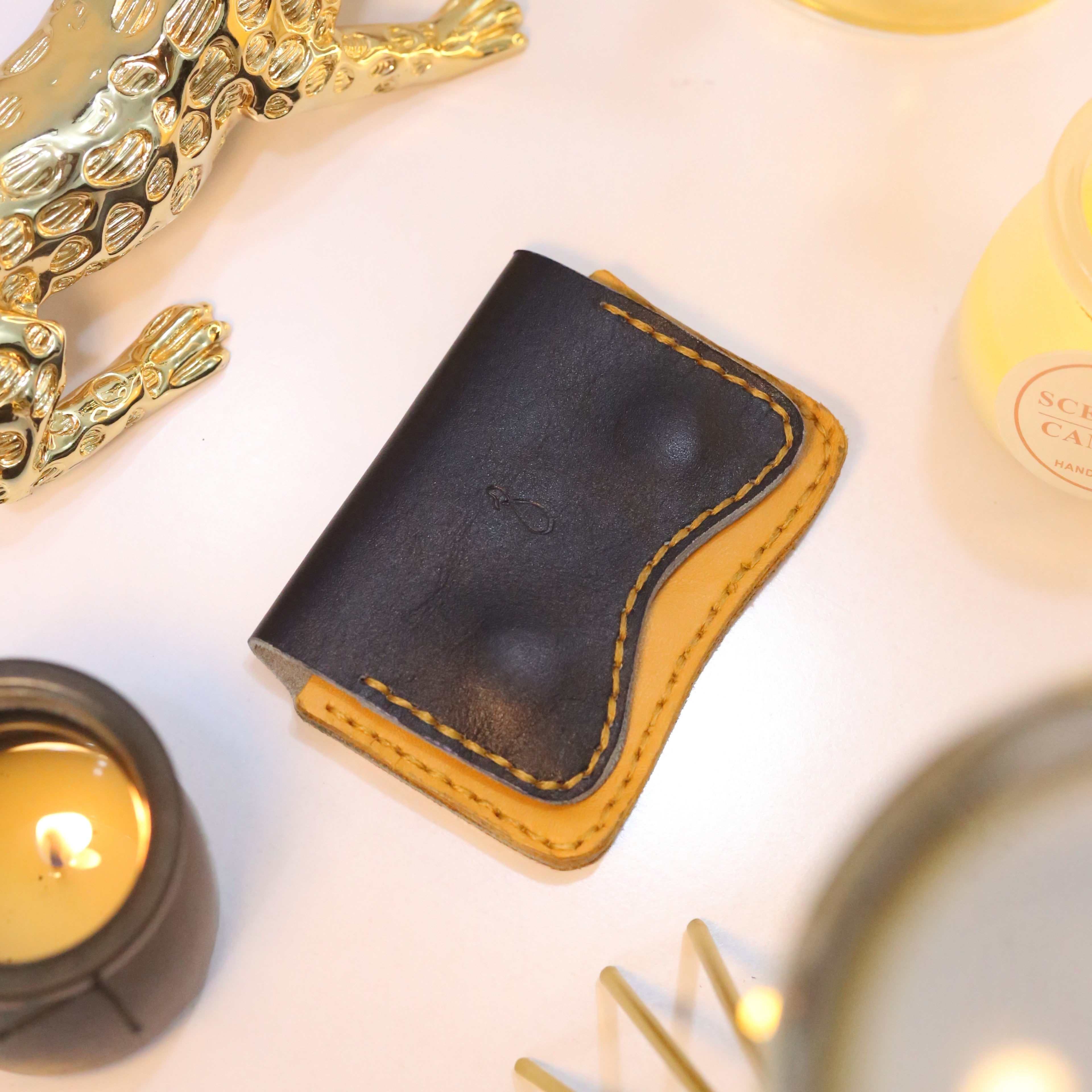 W1 Handmade Leather Card Holder Navy Blue & Mustard