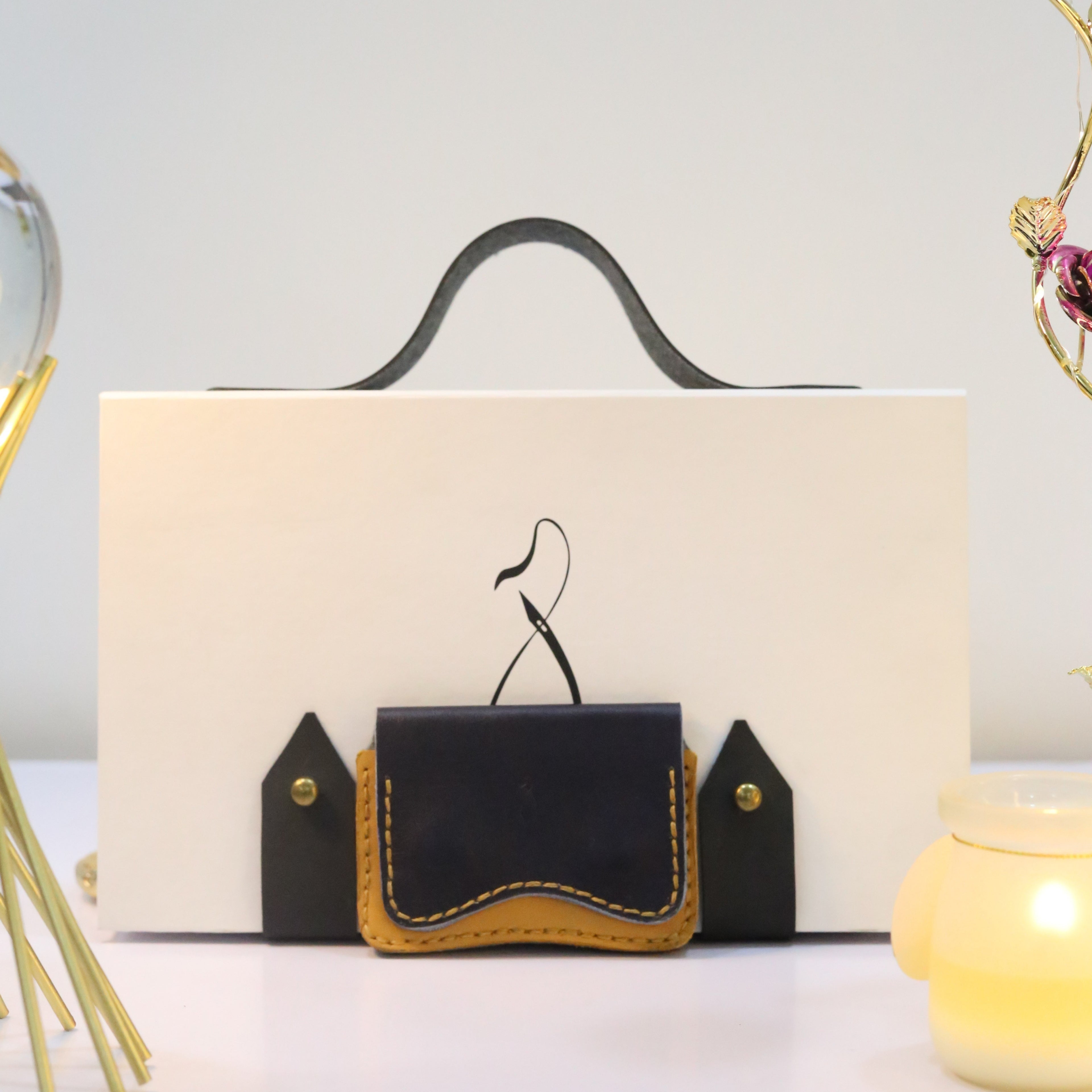 W1 Handmade Leather Card Holder Navy Blue & Mustard