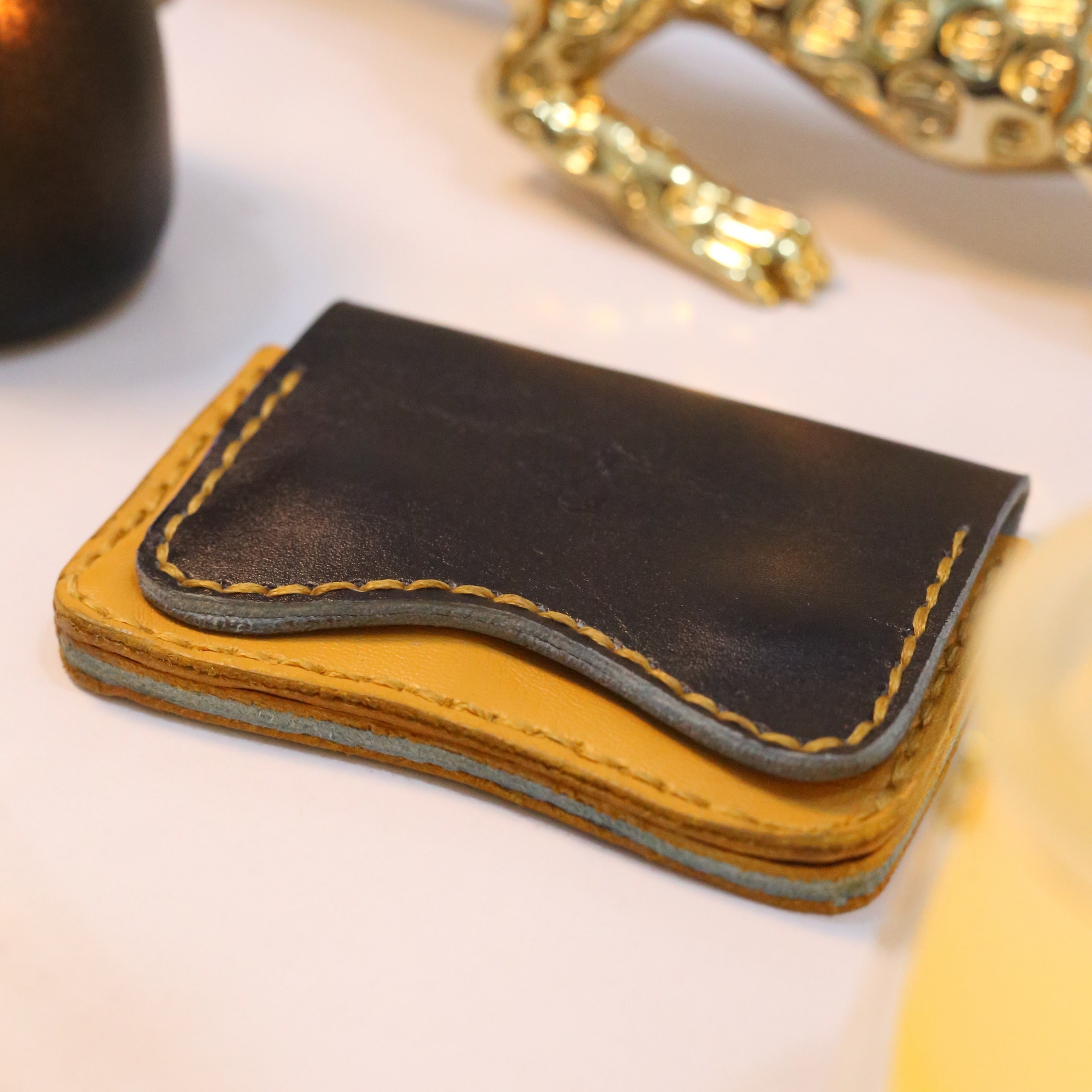 W1 Handmade Leather Card Holder Navy Blue & Mustard